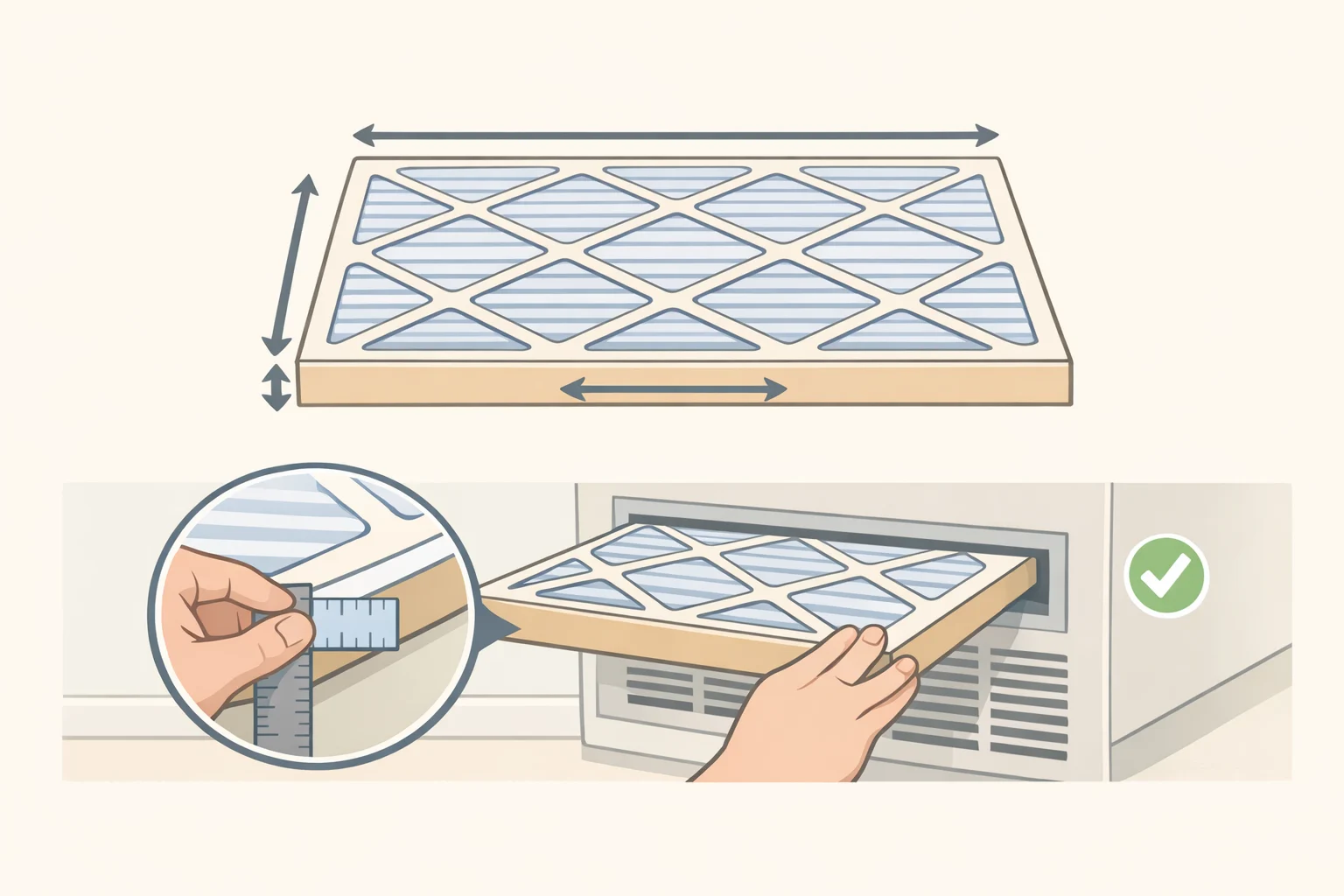 Close-up of the cardboard frame on an AC air filter showing dimensions like 20x25x1, with the old filter measured to help you understand how to change AC air filter correctly by matching size