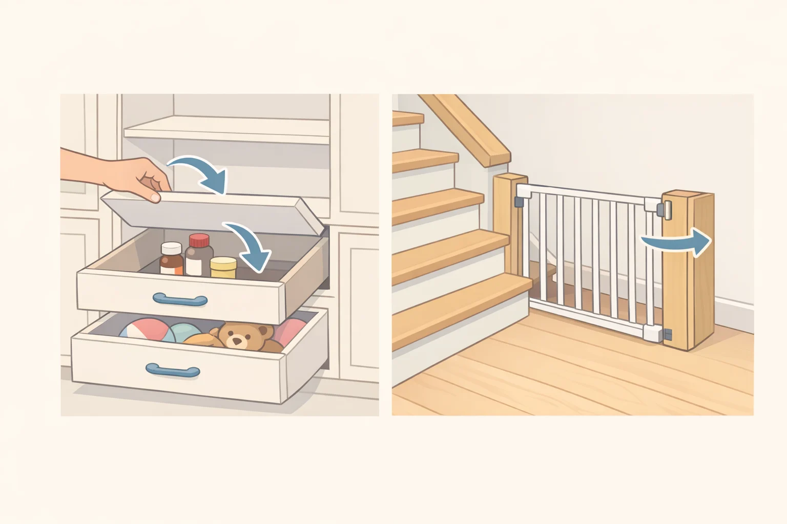 Interior detail view of concealed cabinet locks and integrated stair gate solutions designed into banister and cabinetry for safer family living
