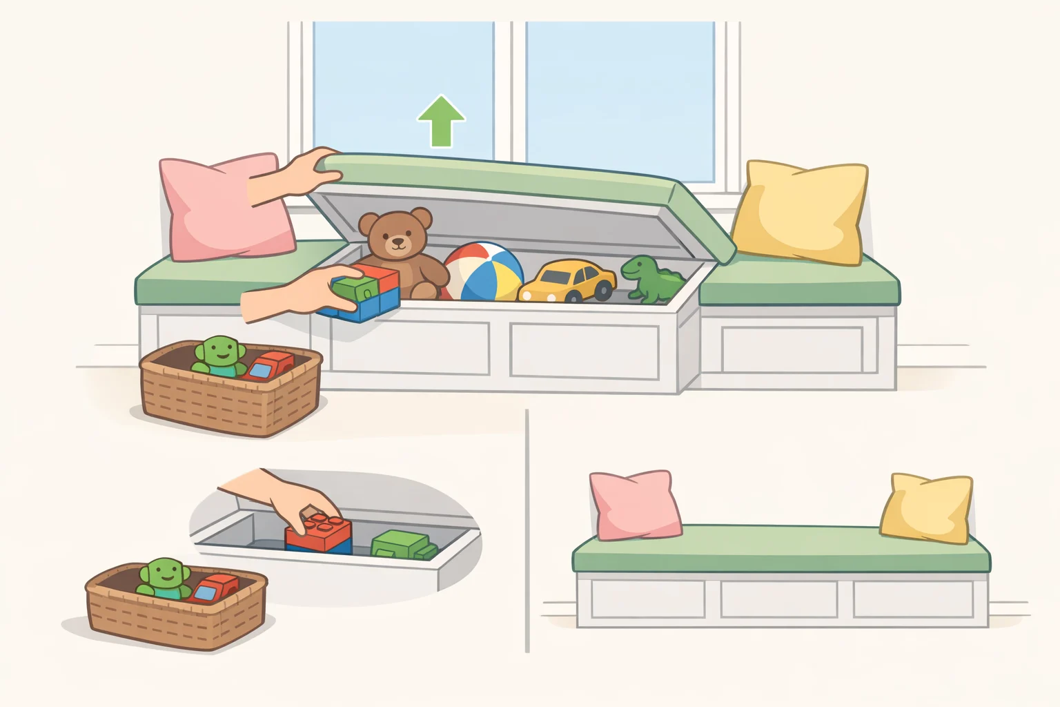 Built-in window seat in a child playroom demonstrating concealed storage underneath while maintaining minimalist family home design calm
