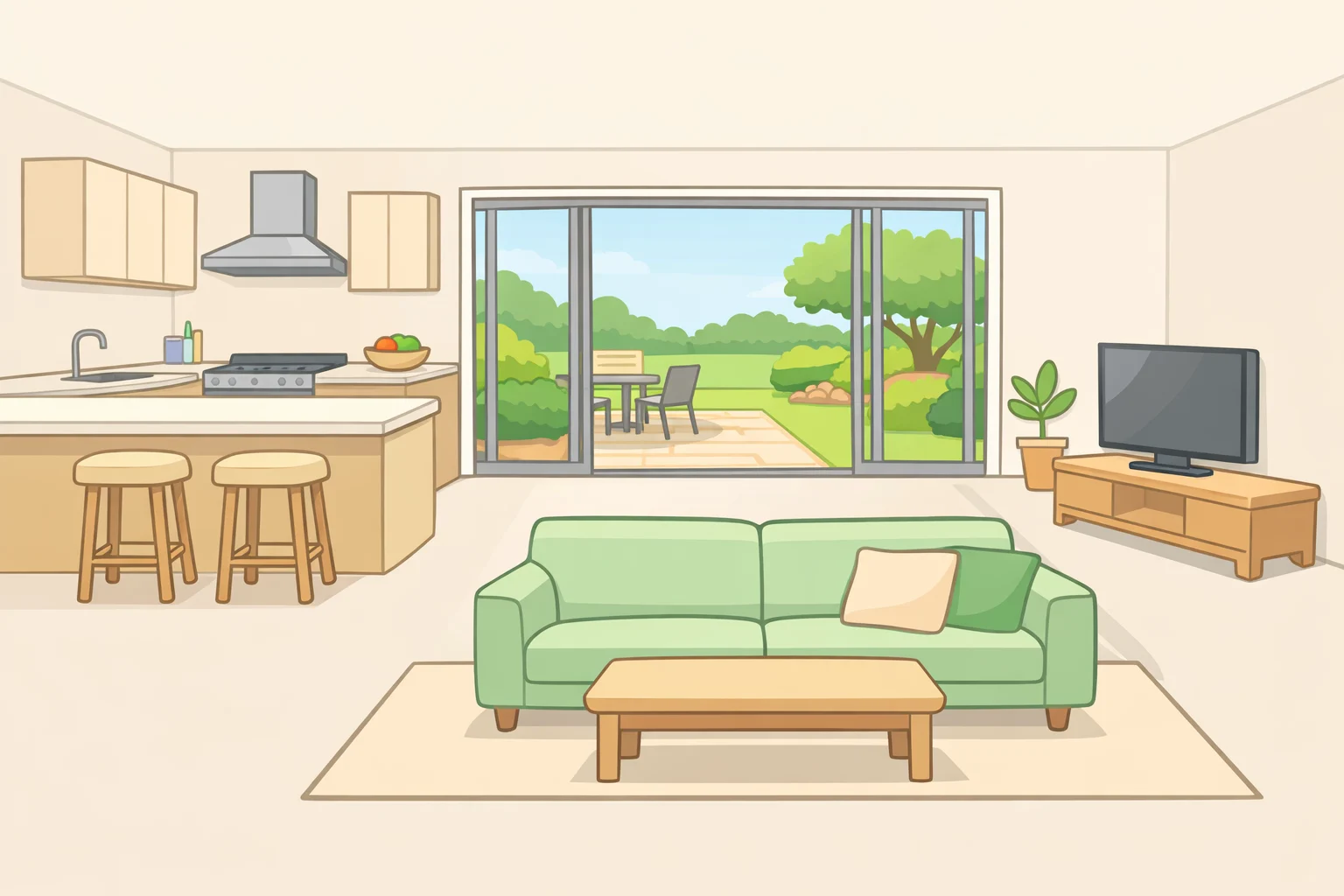 Plan view of a minimalist family home design with three rooms opened into one airy kitchen-living space, clear sightlines to a garden cloister transition zone