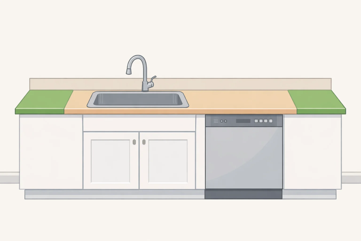 Detailed side view of the sink zone showing NKBA landing zone counter space, continuous prep area beside the sink, and the dishwasher positioned so its door doesn't block traffic