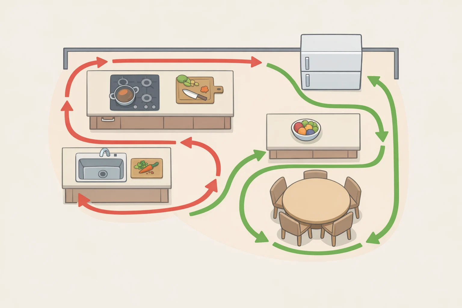 Top-down kitchen layout illustrating traffic separation so guests avoid the prep-and-cook area, supporting most functional kitchen layout features in an open-plan home