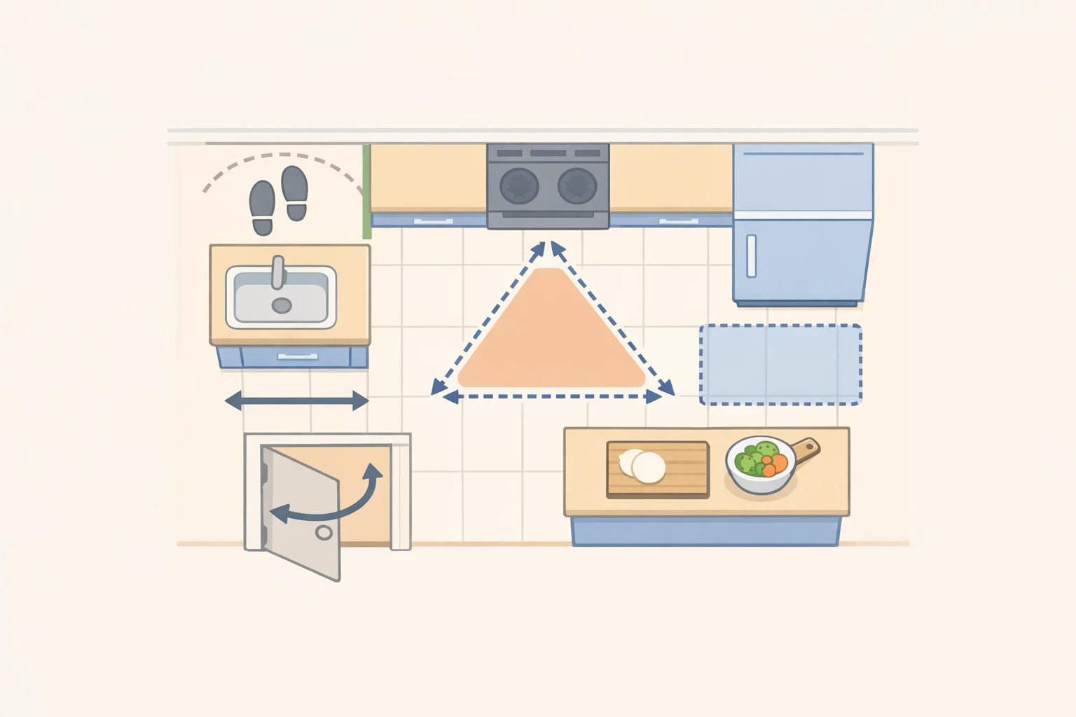 Kitchen floor plan review checklist overlay showing five verification items: work triangle distances under 26 feet, traffic separation around the cooking zone, aisle widths, landing-zone counter margins, and appliance door clearance