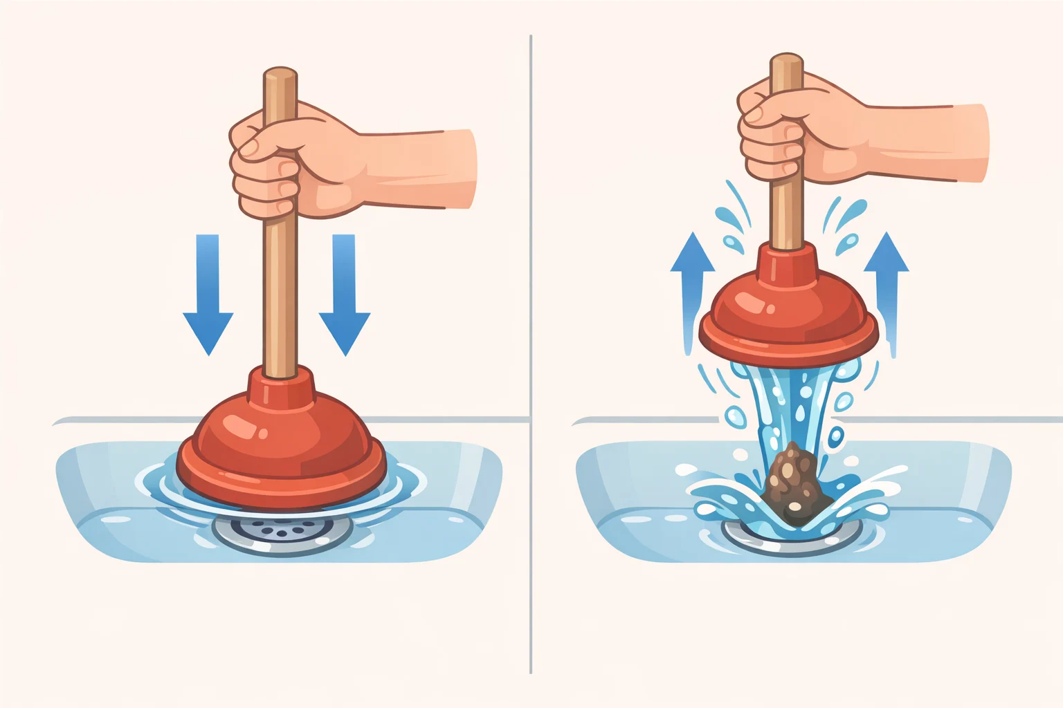 Illustration of a cup plunger sealed over a kitchen or bathroom sink drain, showing proper push-down and sharp pull-up motions to dislodge a soft clog without chemicals
