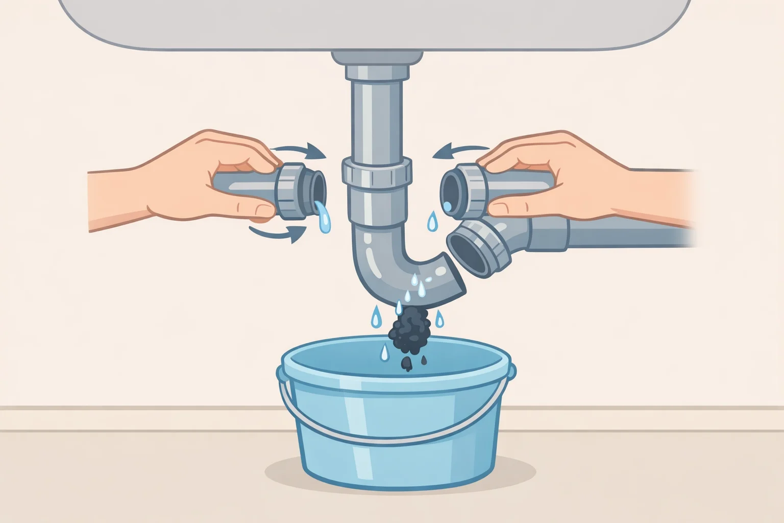 Illustration of an under-sink P-trap cleaning setup: bucket positioned under the U-shaped trap, slip-joint nuts unscrewed, and the trap removed to clear debris and check for damage