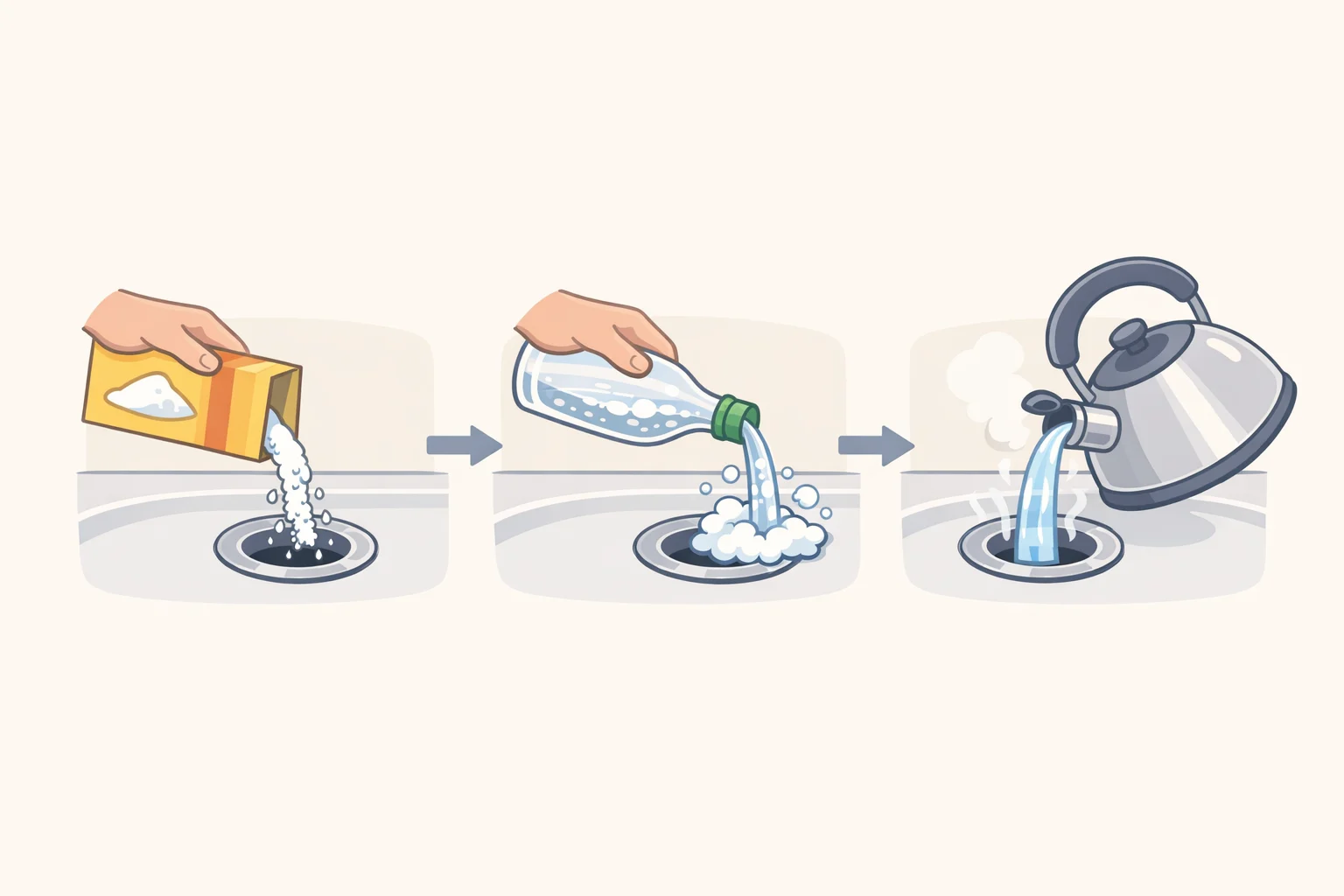 Step-by-step illustration of the monthly drain routine for how to unclog a drain safely: hot tap water flush, then baking soda followed by white vinegar, waiting 15 minutes, and finishing with another hot-water flush