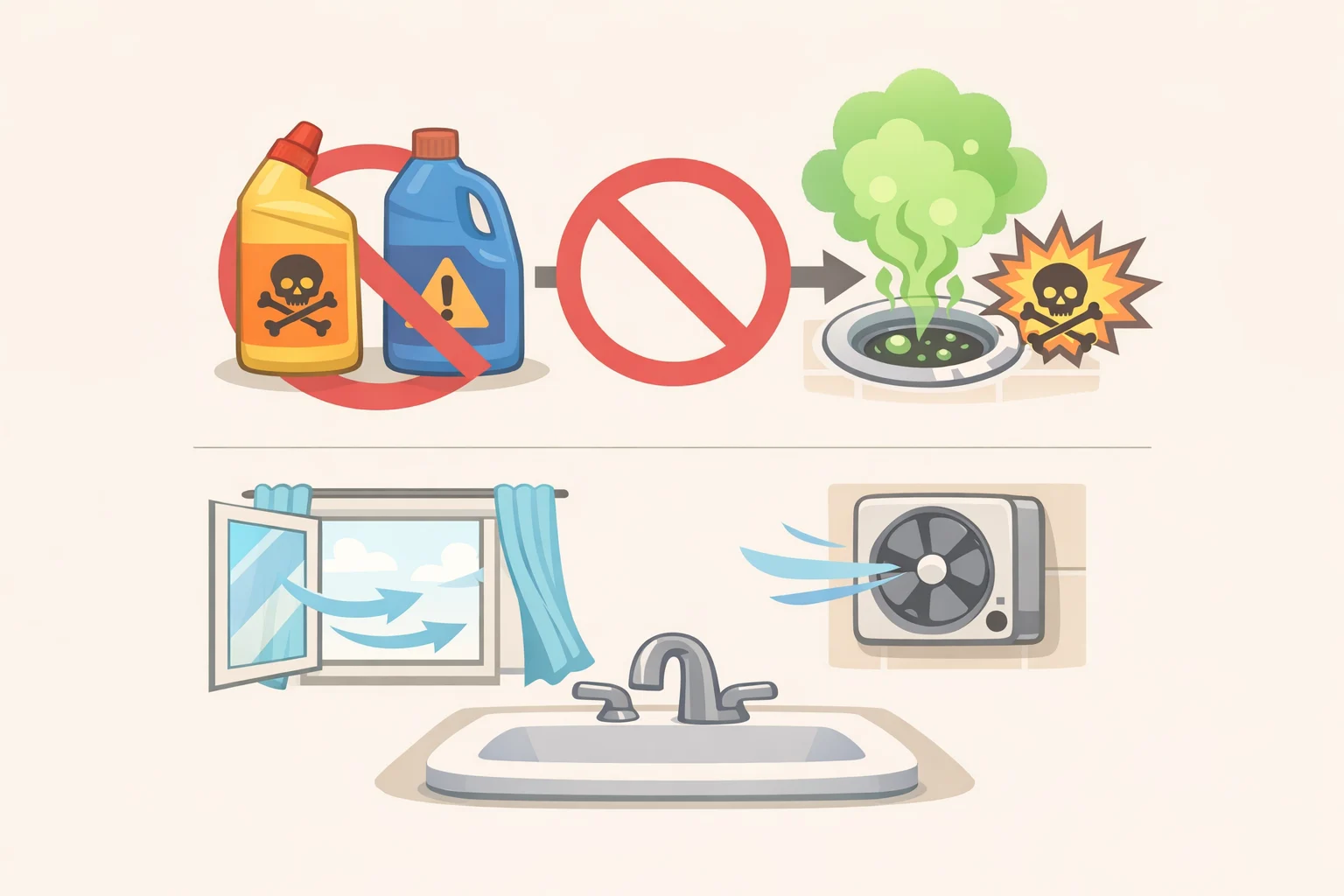 Illustration showing clear safety warnings for chemical drain cleaners, emphasizing 'do not mix chemicals' and proper ventilation such as an open window or running exhaust fan