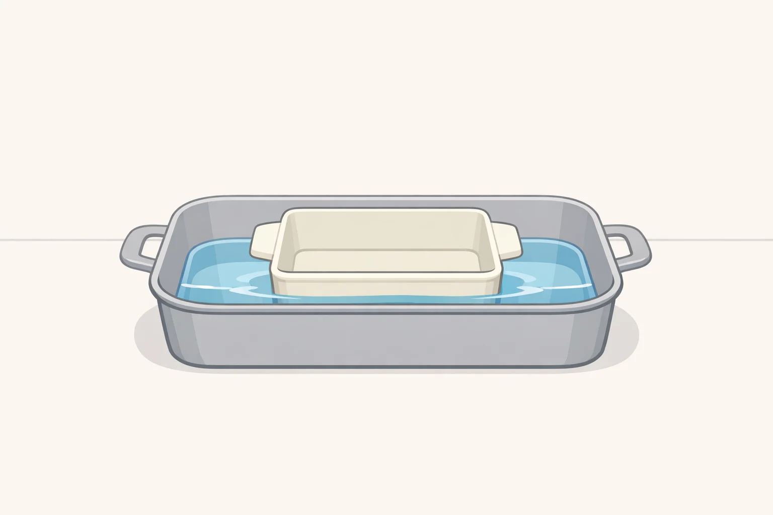 Illustration of an 8-inch square baking dish on a towel inside a 9x13 roasting pan with room-temperature water filled halfway, for a lemon pudding cake recipe