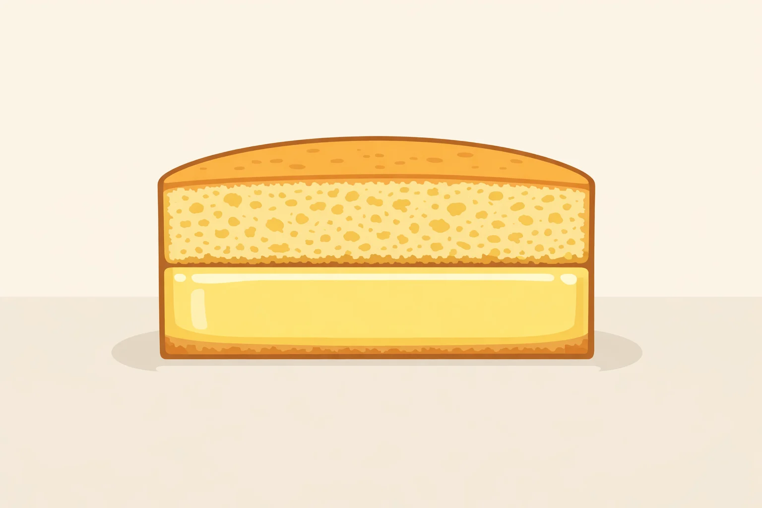 Cutaway illustration of a self-saucing lemon pudding cake showing a spongy, airy top layer and a glossy lemon curd-like custard bottom