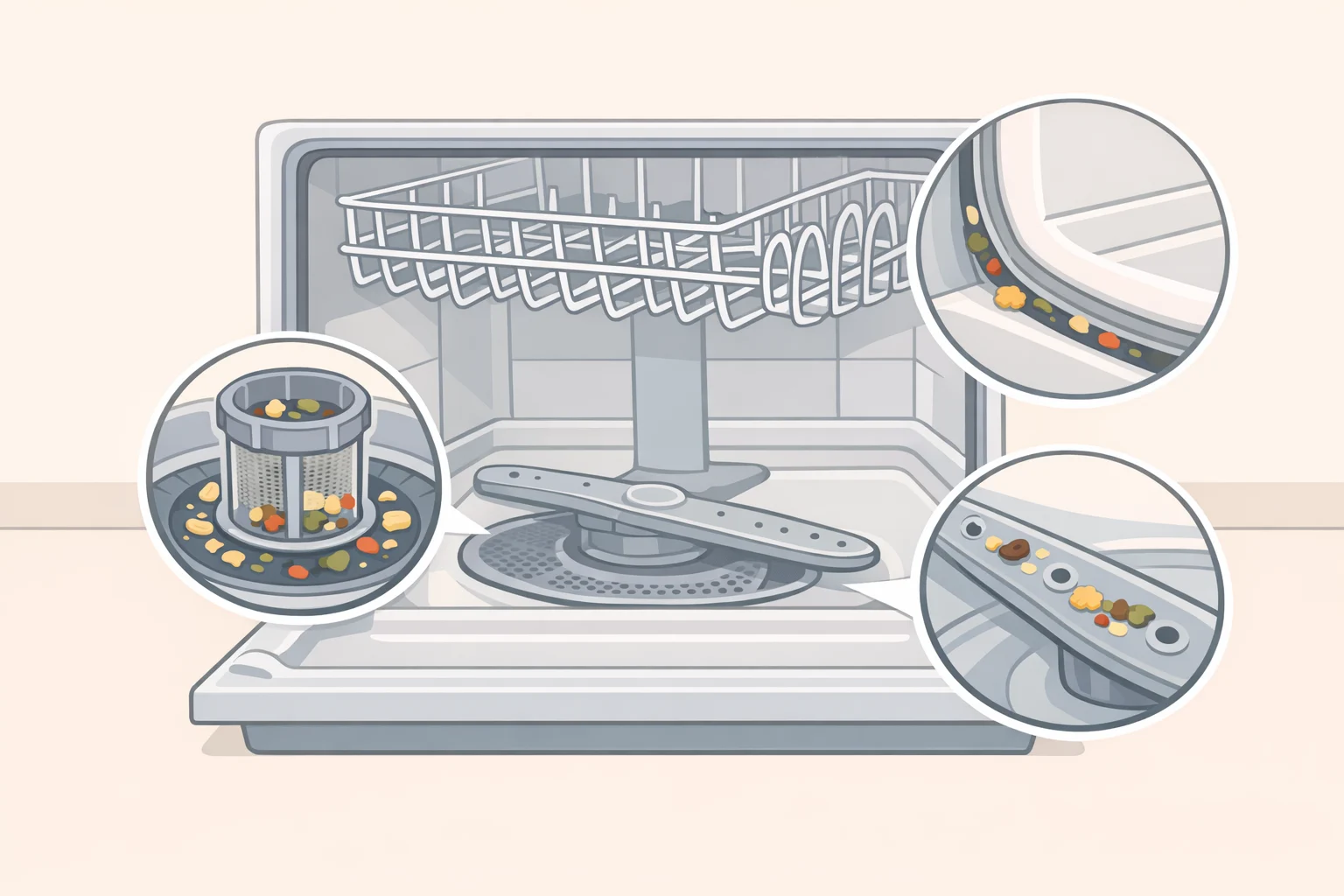 Illustration of a dishwasher interior with arrows to the bottom filter assembly, the door gasket folds, the drain seal area, and the spray arm holes to explain where odors build up
