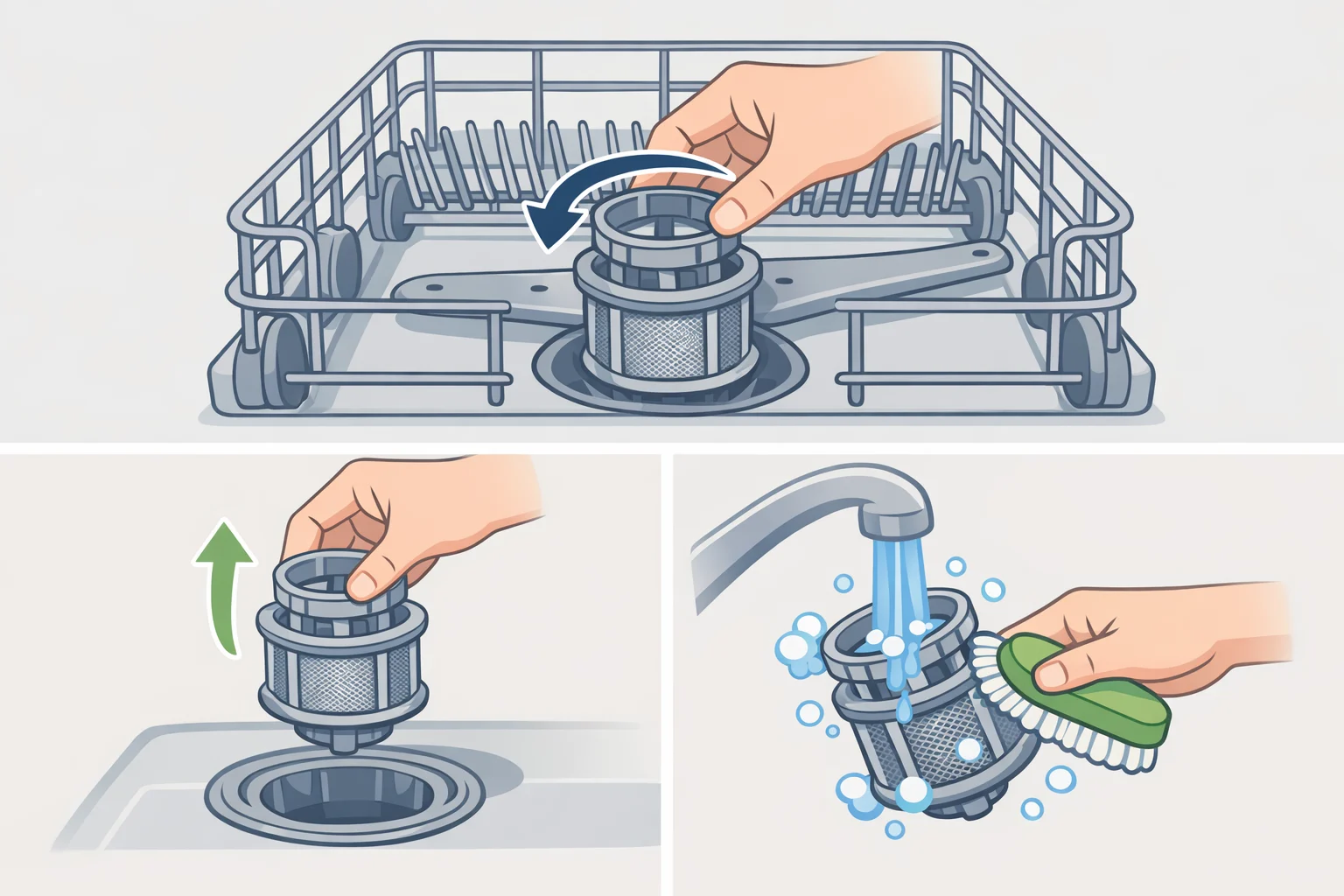 Illustration of how to clean a dishwasher by pulling out the bottom rack and removing the center cylinder mesh filter assembly for hot-water rinsing and toothbrush scrubbing