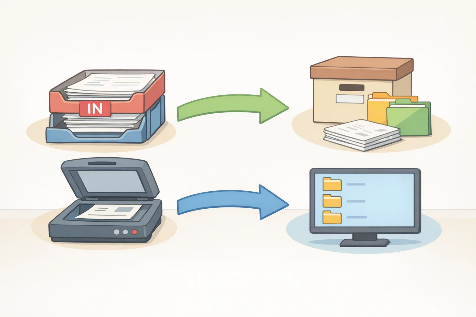A monthly maintenance workflow where papers are moved out of the File folder into a filing cabinet and scanned items are processed from the Scan tray into organized digital folders