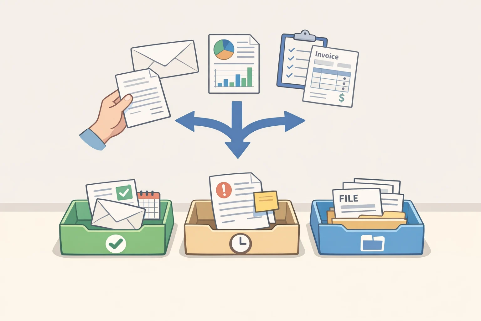 A tabletop sorting scene showing a junk mail catalog going to Recycle, an electricity bill placed in Action for weekly payment, and a school permission slip routed into Action