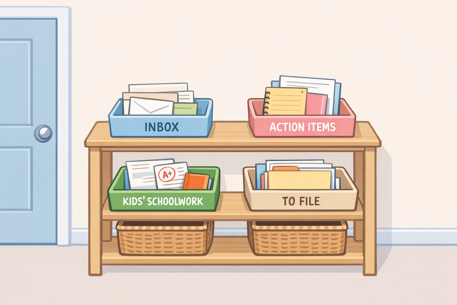 A kitchen or entryway command center for how to organize paper clutter at home, with an Action tray, File folder, Scan envelope, and Recycle basket positioned where papers arrive