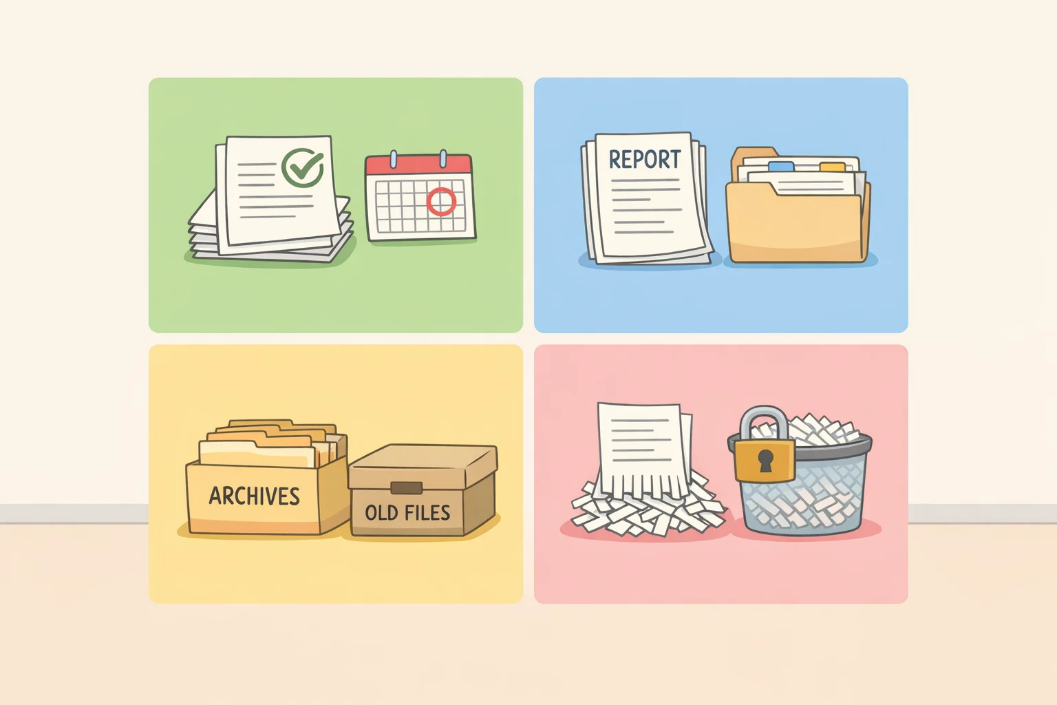 Diagram of the four paper zones—Action, File, Scan, and Recycle—with example items like bills to sign, tax documents, receipts for digitizing, and junk mail for disposal