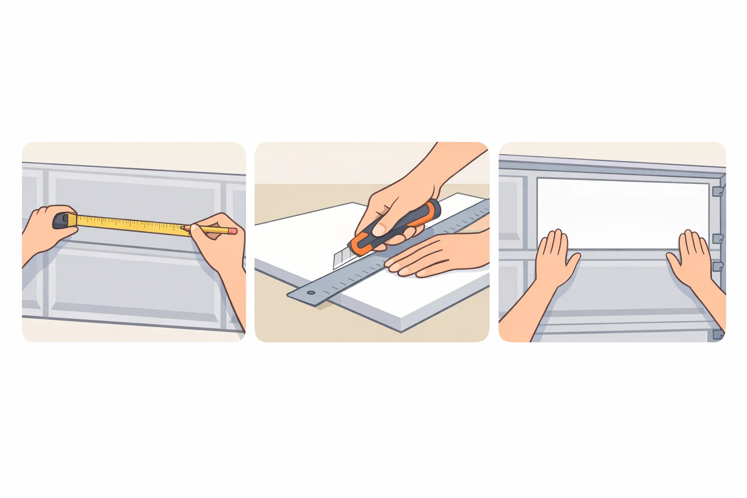 Illustration of someone measuring and snapping foil-faced foam insulation panels onto a steel garage door to reduce radiant heat gain