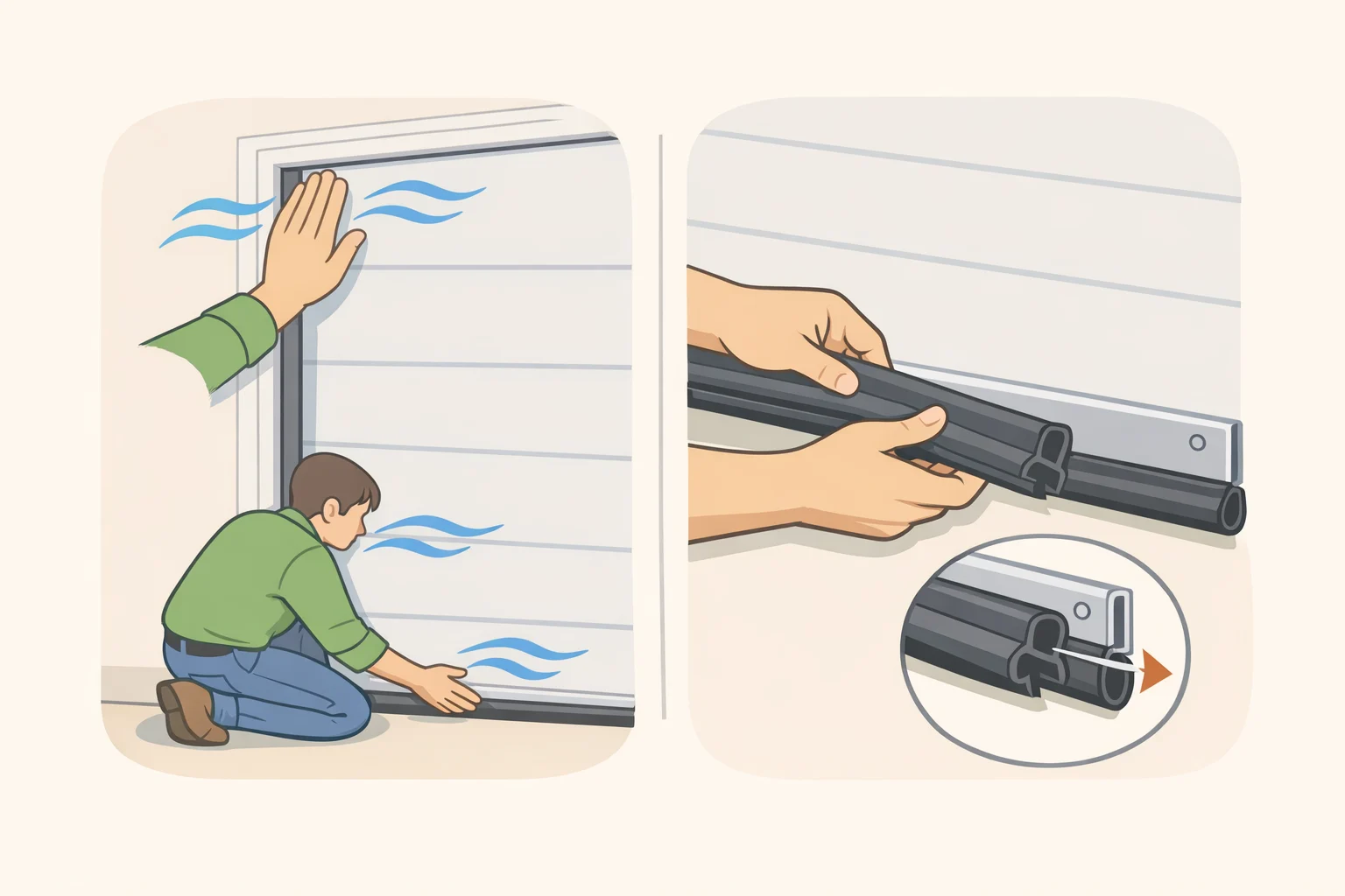 Illustration of a garage door base and weatherstripping showing where to replace a cracked bottom seal to improve how to keep a garage cool in summer