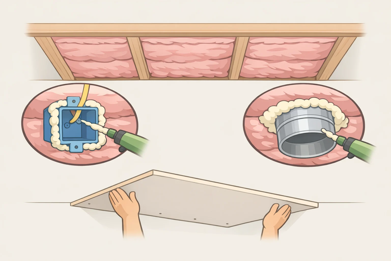 Illustration of attic ceiling joists with fiberglass batts inserted and canned foam used to seal electrical box and top plate gaps