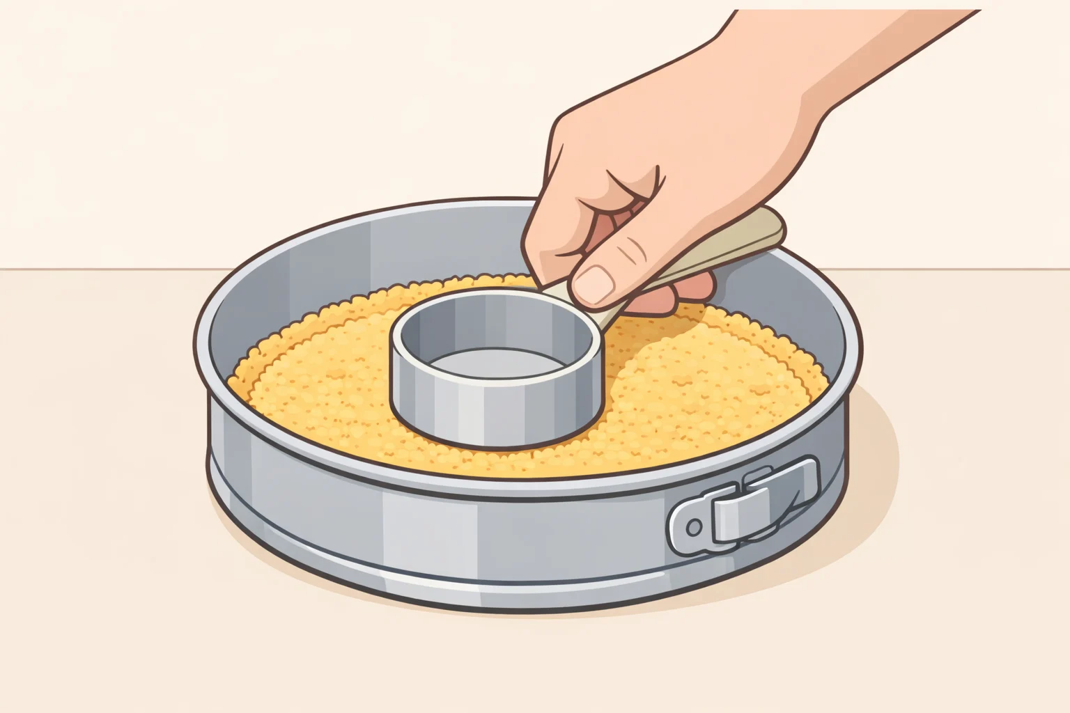 Illustration of finely crushed Saltine cracker crumbs mixed with sugar and melted butter, pressed firmly with a flat measuring cup into an even crust layer in an 8x8 pan