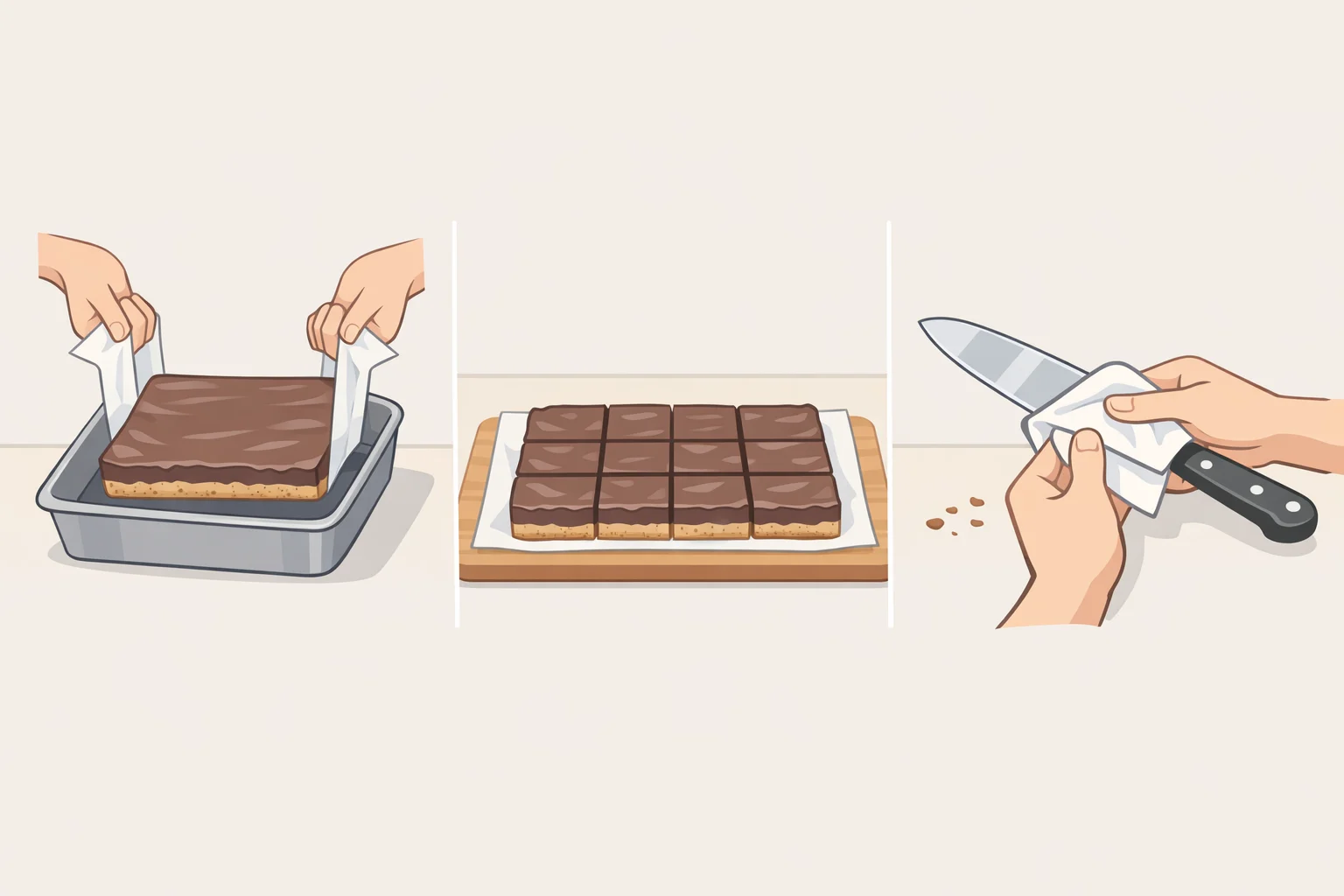 Illustration of lifting a fully chilled custard slab from an 8x8 pan using parchment overhang and making one clean cut at a time with the knife dipped in hot water and wiped dry between slices