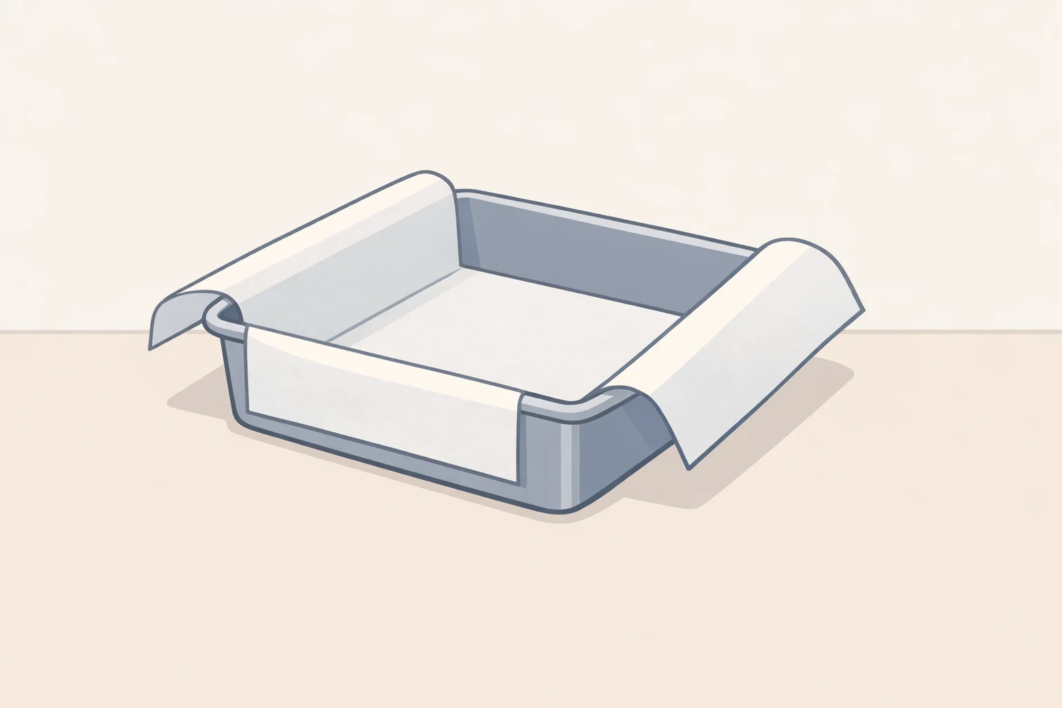 Illustration of an 8x8-inch baking pan lined with two perpendicular sheets of parchment paper, showing the 2-inch overhang used as a sling to lift out Atlantic Beach pie bars recipe