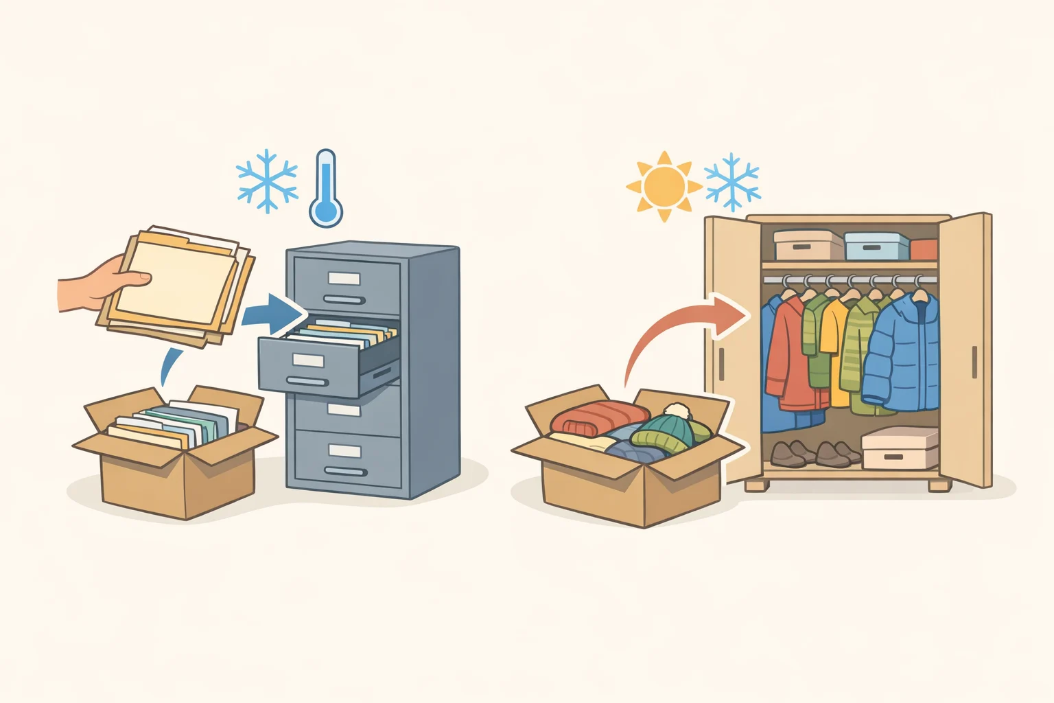 Illustration of an organizer placing paper documents into a climate-controlled filing cabinet and seasonal clothing into breathable garment bags, showing items you should never store in the attic