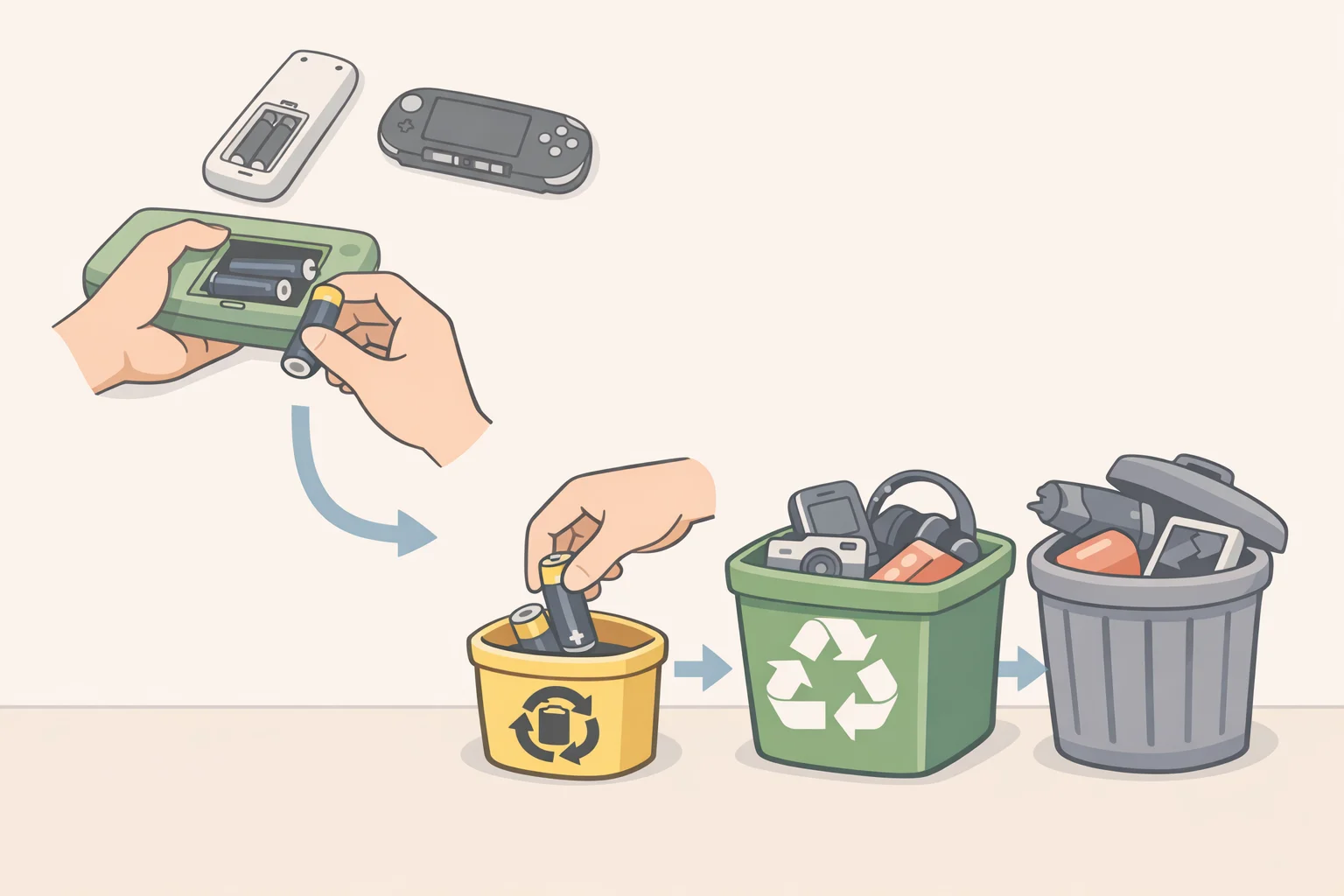 Illustration of batteries taken out of a stored device and the device moved to electronics recycling while batteries are handled separately for safety