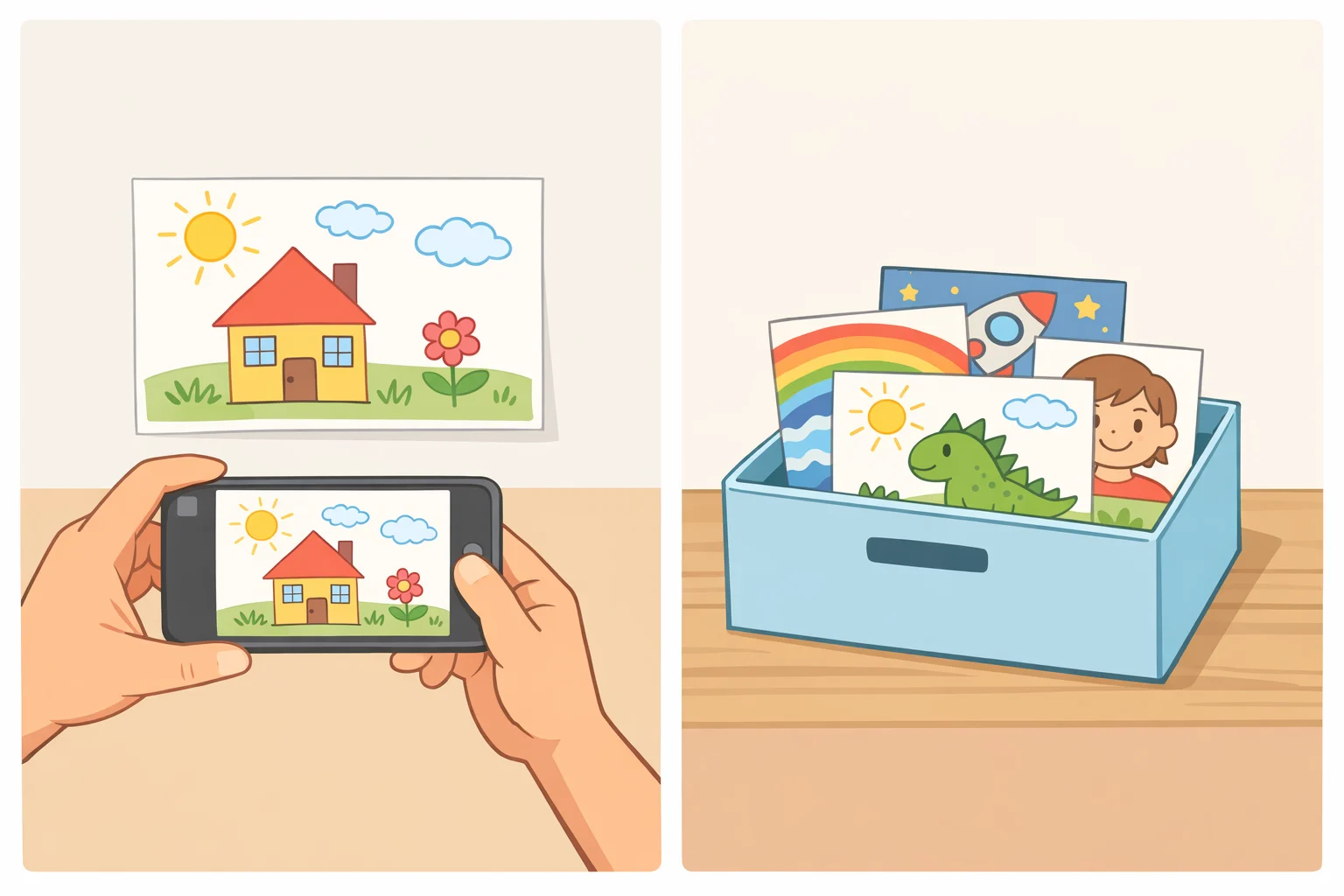Illustration of a person photographing children's drawings, then storing only a few originals in an acid-free labeled box inside the home