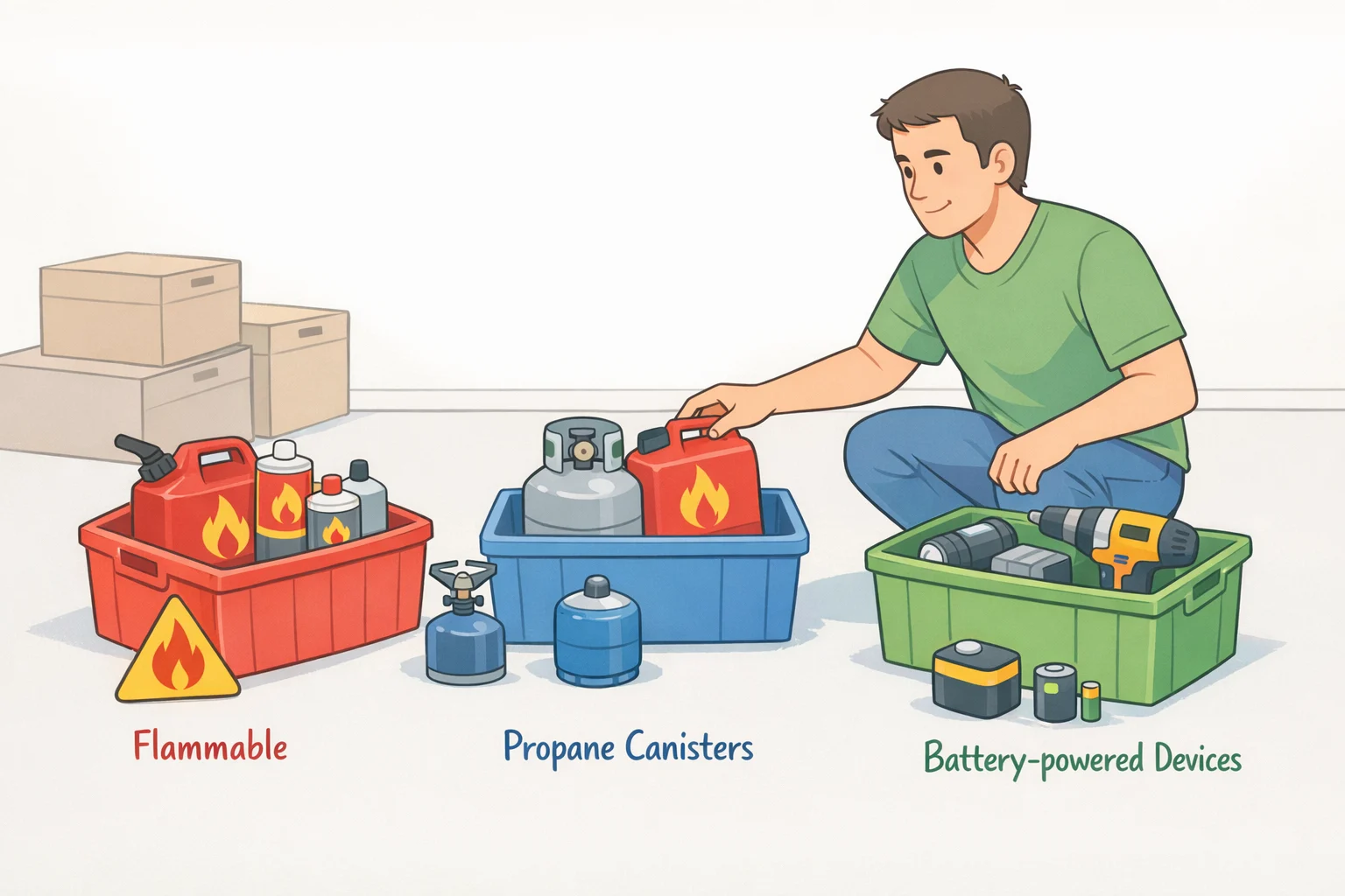 Illustration of a person pulling flammable and pressurized substances and electronics with batteries out of an attic and sorting them for safe removal