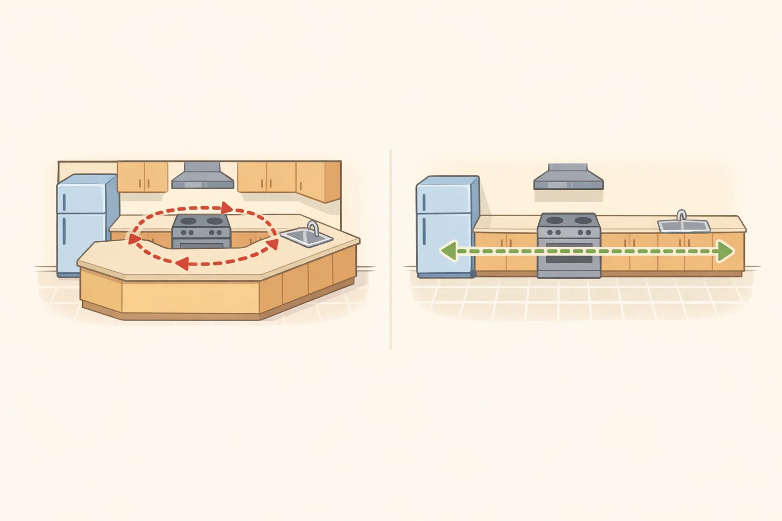 Illustration comparing a cramped 1980s kitchen layout with peninsula and half-wall barriers versus an opened, connected layout that creates a 4-foot work corridor and two unobstructed linear work zones
