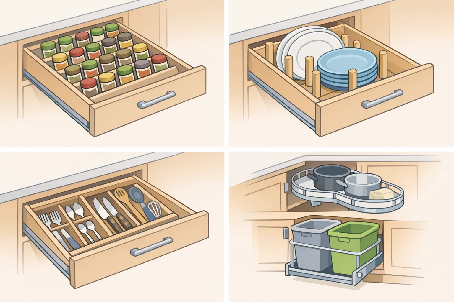 Illustration of custom kitchen drawer interiorsslanted spice racks with label-forward jars, deep plate drawers with adjustable wooden pegs, and a pullout utensil station with canisters and foam-backed knife storage