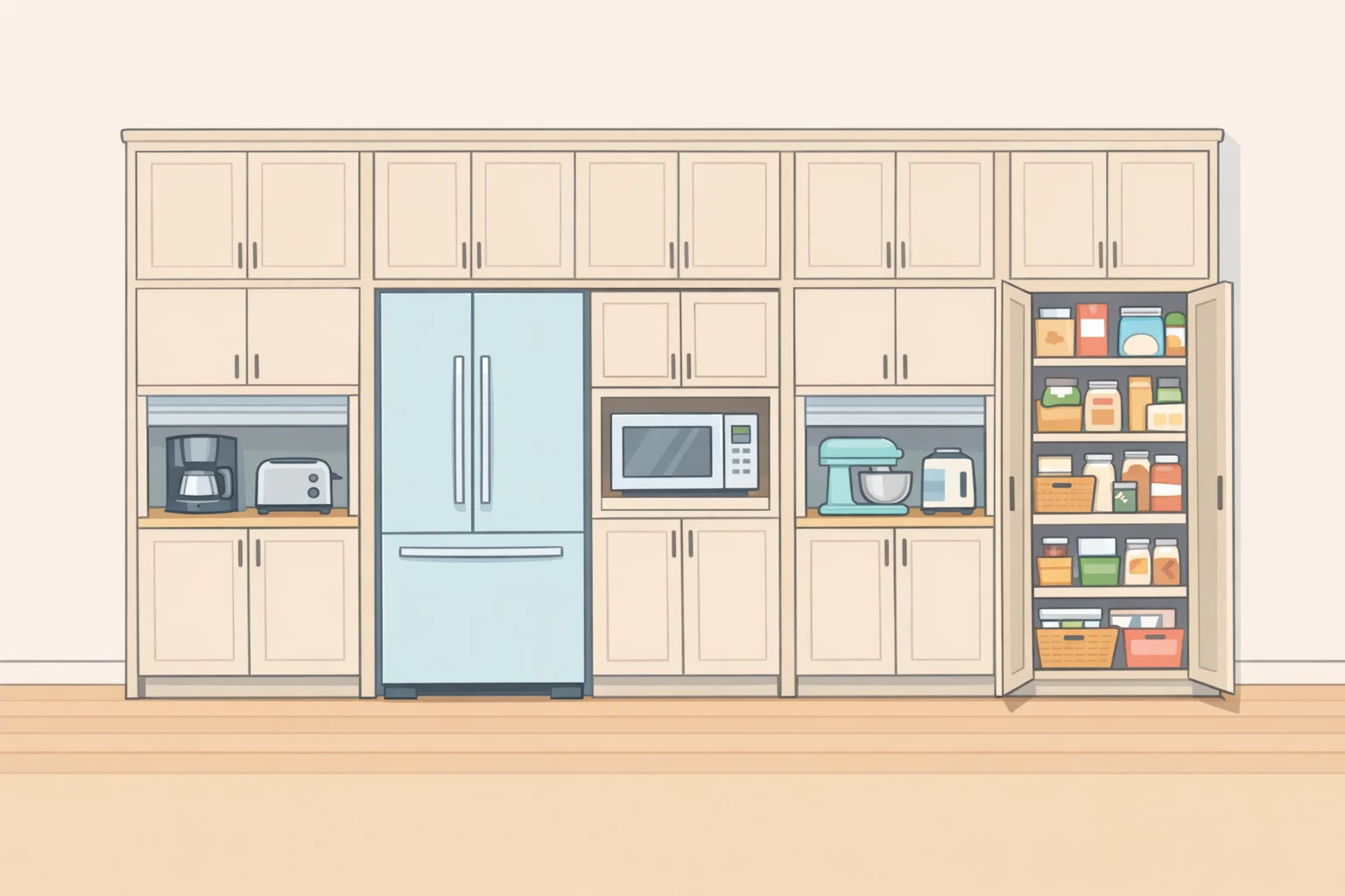 Illustration of a floor-to-ceiling kitchen storage wall integrating refrigerator, full pantry, and appliance garages to support a DIY 1980s kitchen renovation workflow