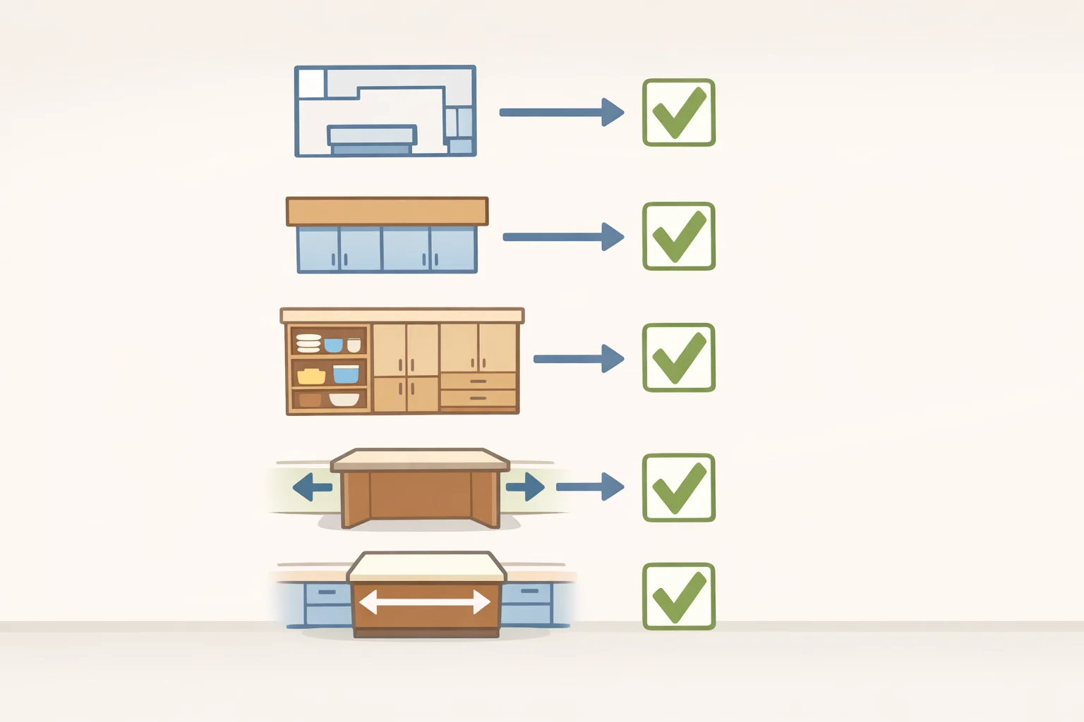 Illustration of a renovation planning checklist showing confirmed sink/range/refrigerator positions, contractor assessment of soffits, verification that the storage wall fits existing upper-cabinet needs, and preservation of a 4-foot work aisle for island sizing