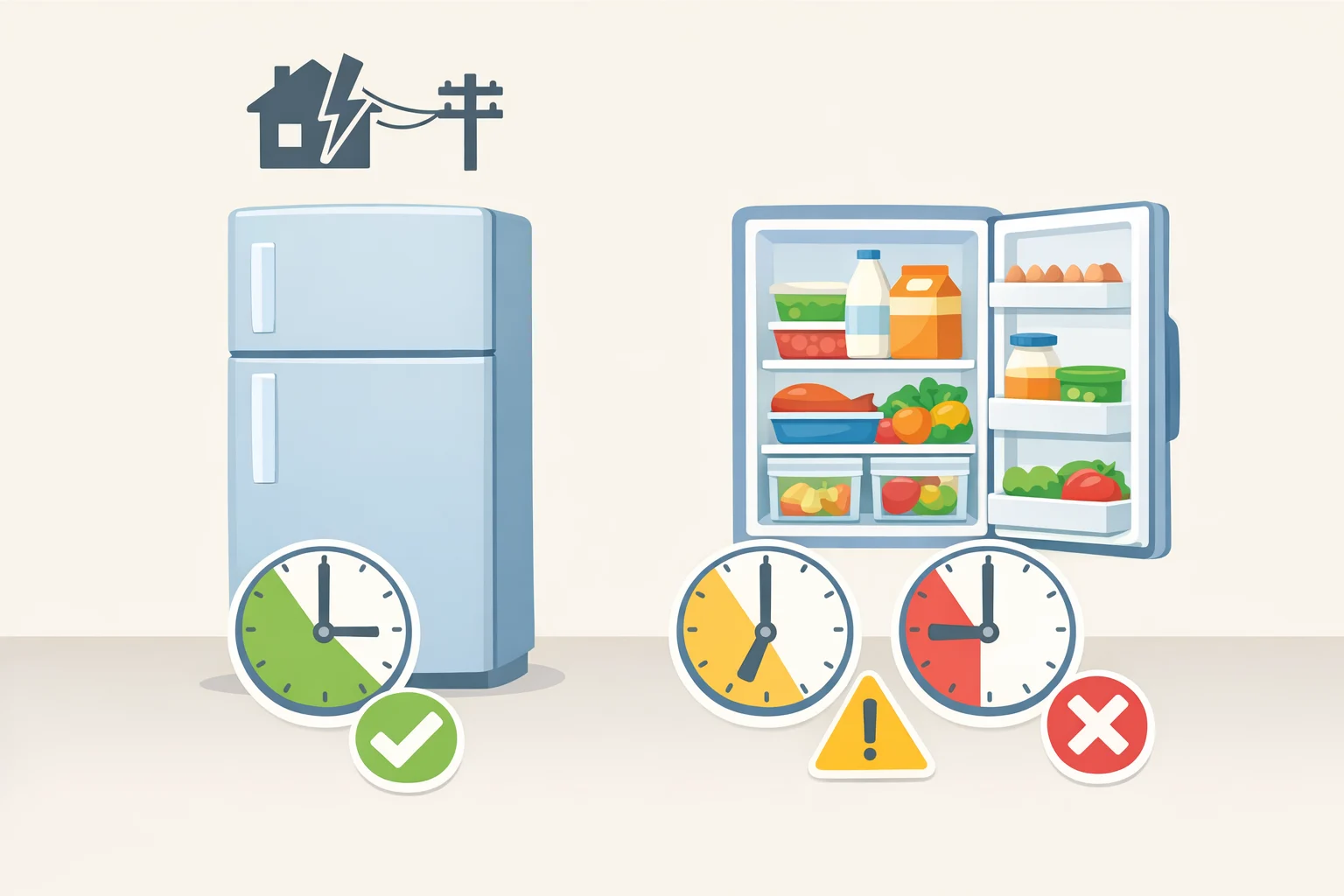 Illustration showing a refrigerator during a power outage with a timer indicating up to four hours when the door remains closed, then a discard symbol after food exceeds 40°F