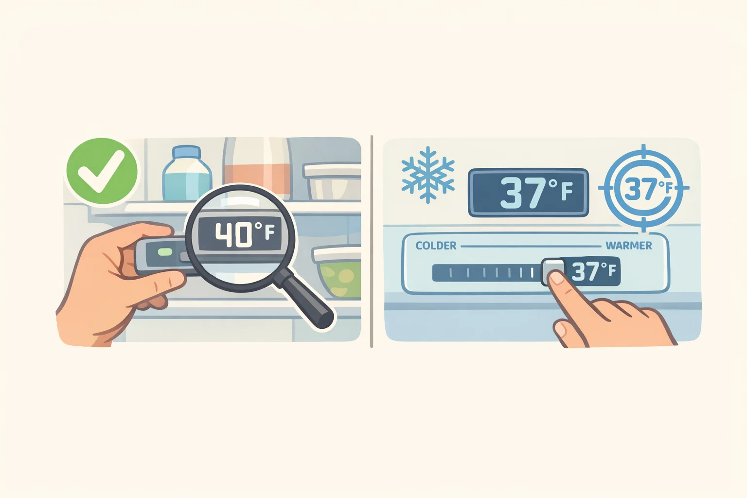 Illustration of a simple checklist featuring 'buy a thermometer,' 'set target at 37°F,' and 'respect the two-hour rule,' with a thermometer and temperature gauge icon