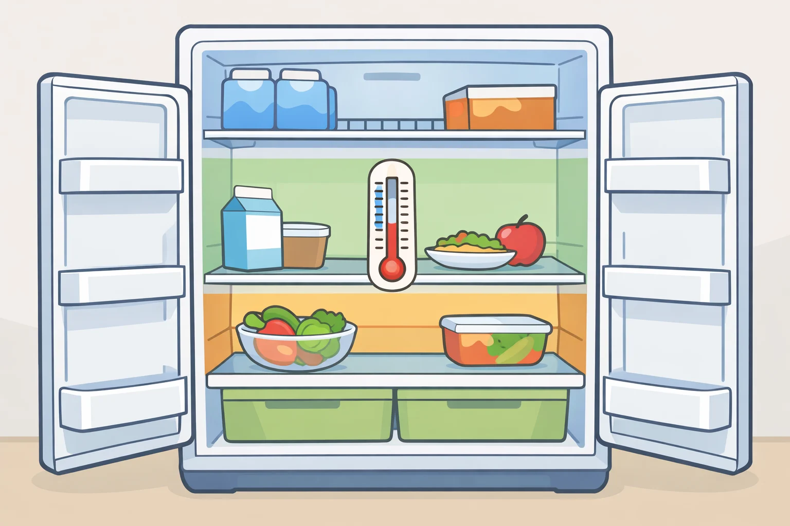 Illustration of a refrigerator interior with markers for warmer areas near the door, colder areas near the back wall and bottom, and a thermometer positioned at the center of the main compartment