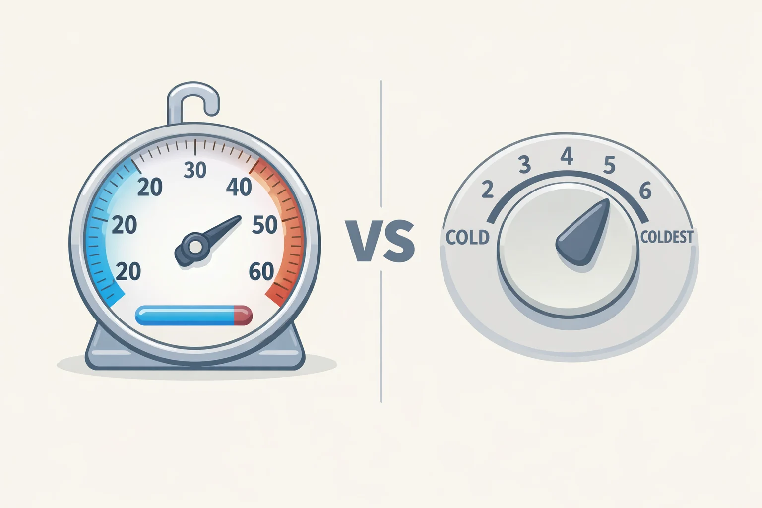 Illustration comparing a refrigerator thermostat set to 40°F with a thermometer in the center reading 43°F, highlighting the invisible gap and the 40-degree rule for refrigerators safety ceiling