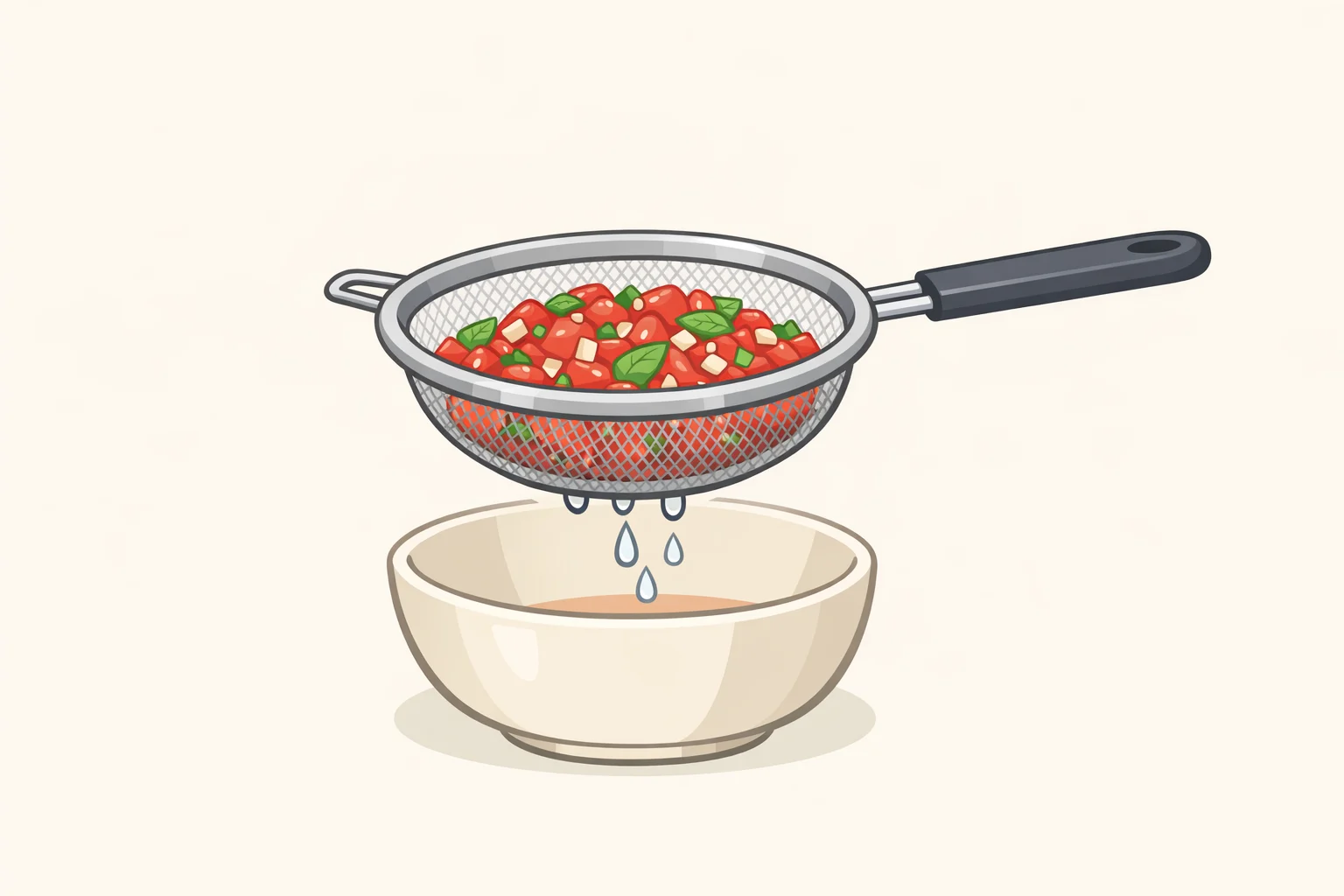 A fine-mesh strainer holding bruschetta filling solids while tomato juice drains away, illustrating how to prevent a soggy bruschetta grilled cheese sandwich recipe