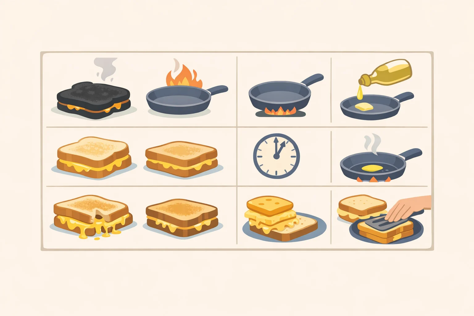 Side-by-side troubleshooting images showing four bruschetta grilled cheese failure modes: unmelted cheese from high heat, filling leaking while flipping, a wet bottom from poor drainage or no rack rest, and a soggy center from large tomato pieces
