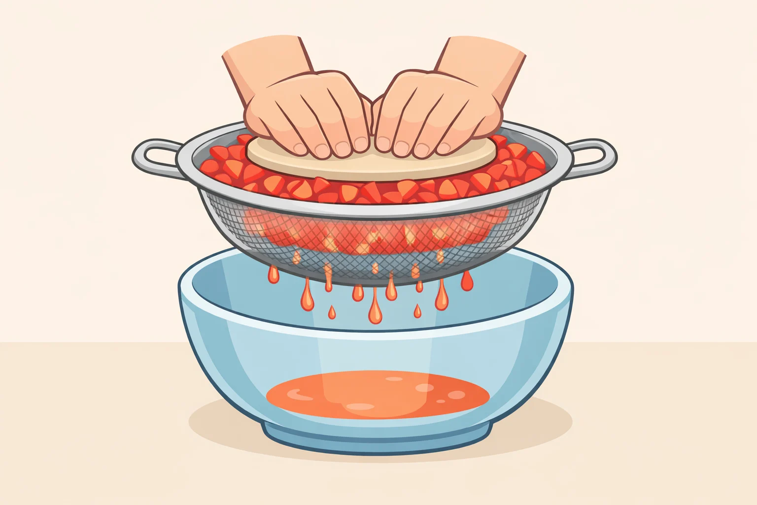 Close-up of fine-diced roma or heirloom tomatoes being pressed against a bowl side so excess juice drains before making the bruschetta grilled cheese sandwich recipe