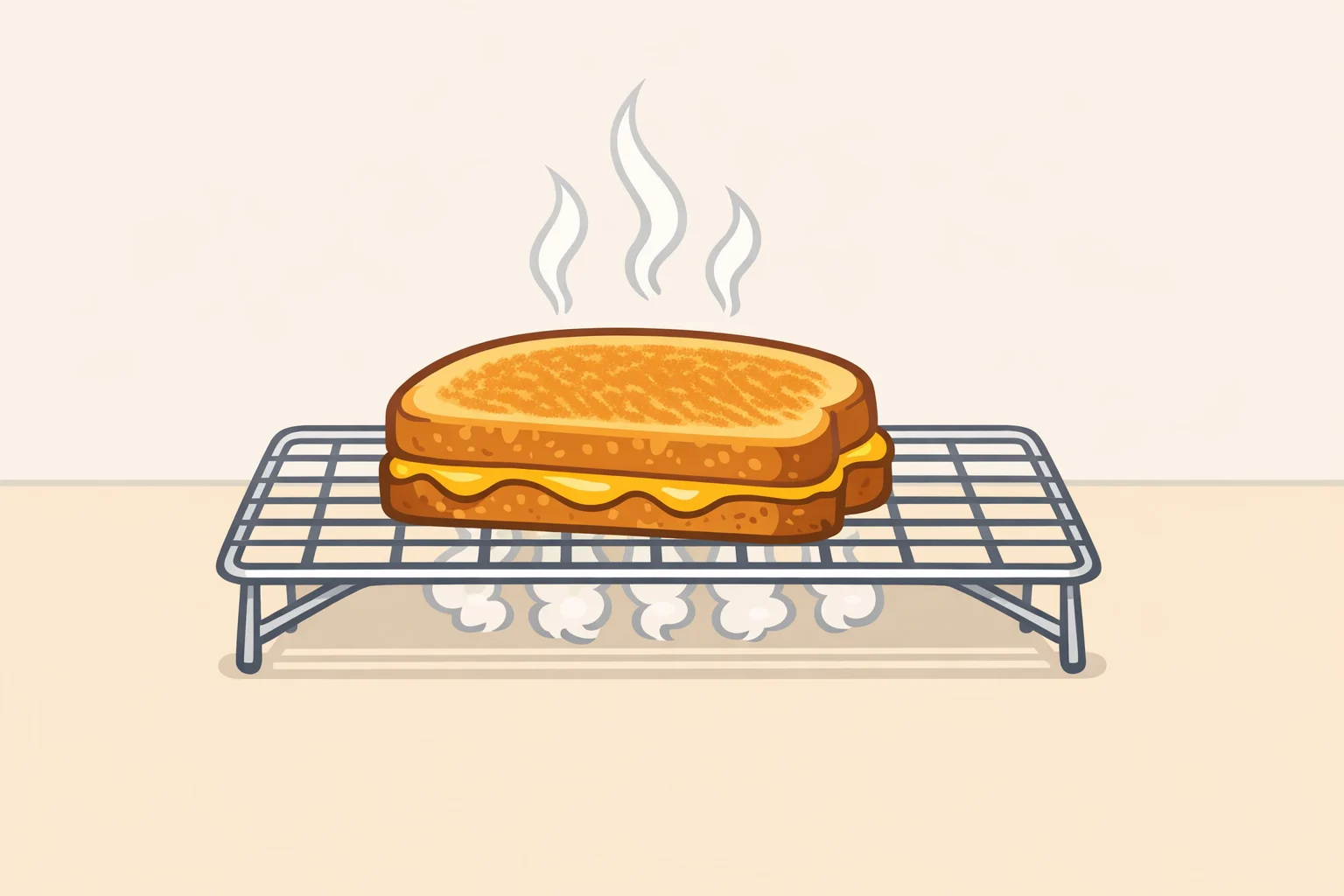 Cooked bruschetta grilled cheese resting on a wire rack so steam escapes and the bottom stays crisp instead of going soft like it would on a plate