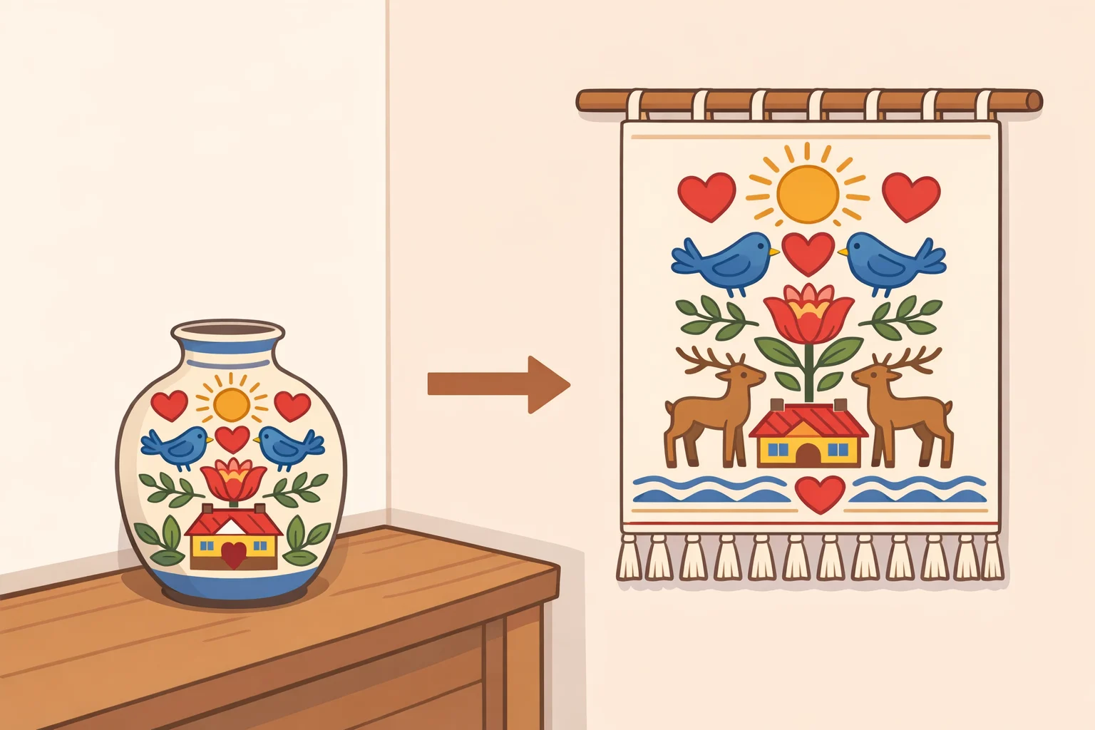 A tabletop vignette featuring slipware ceramics with mythic figures and a cushion printed with a corn dollie motif, illustrating how modern folklore uses legible, story-rooted symbols