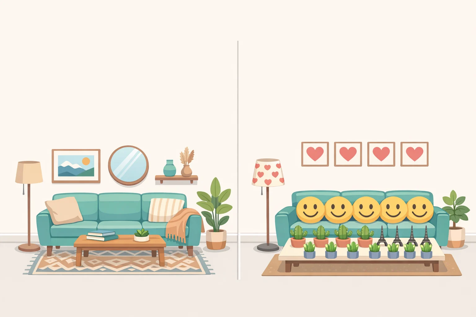 Side-by-side interiors: one with a homeowner-identified heirloom and connected folk motifs, and another with repeated mass-market symbols that feel generic because their community history is missing