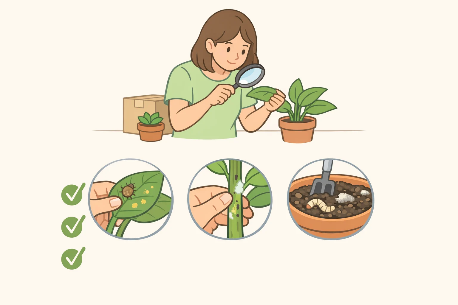 Close-up illustration of a four-part inspection checklist for preparing houseplants before a move, highlighting leaves, stems, and soil for pests, egg masses, and discoloration