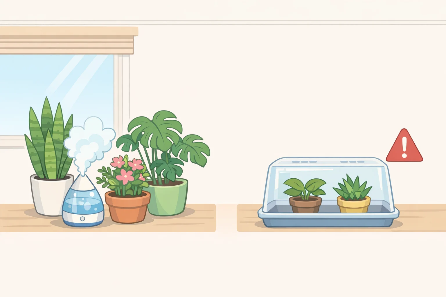 Illustration of a new living room layout showing plants placed in indirect light, away from AC drafts, with a nearby humidifier and a separate quarantine zone for recently transported plants