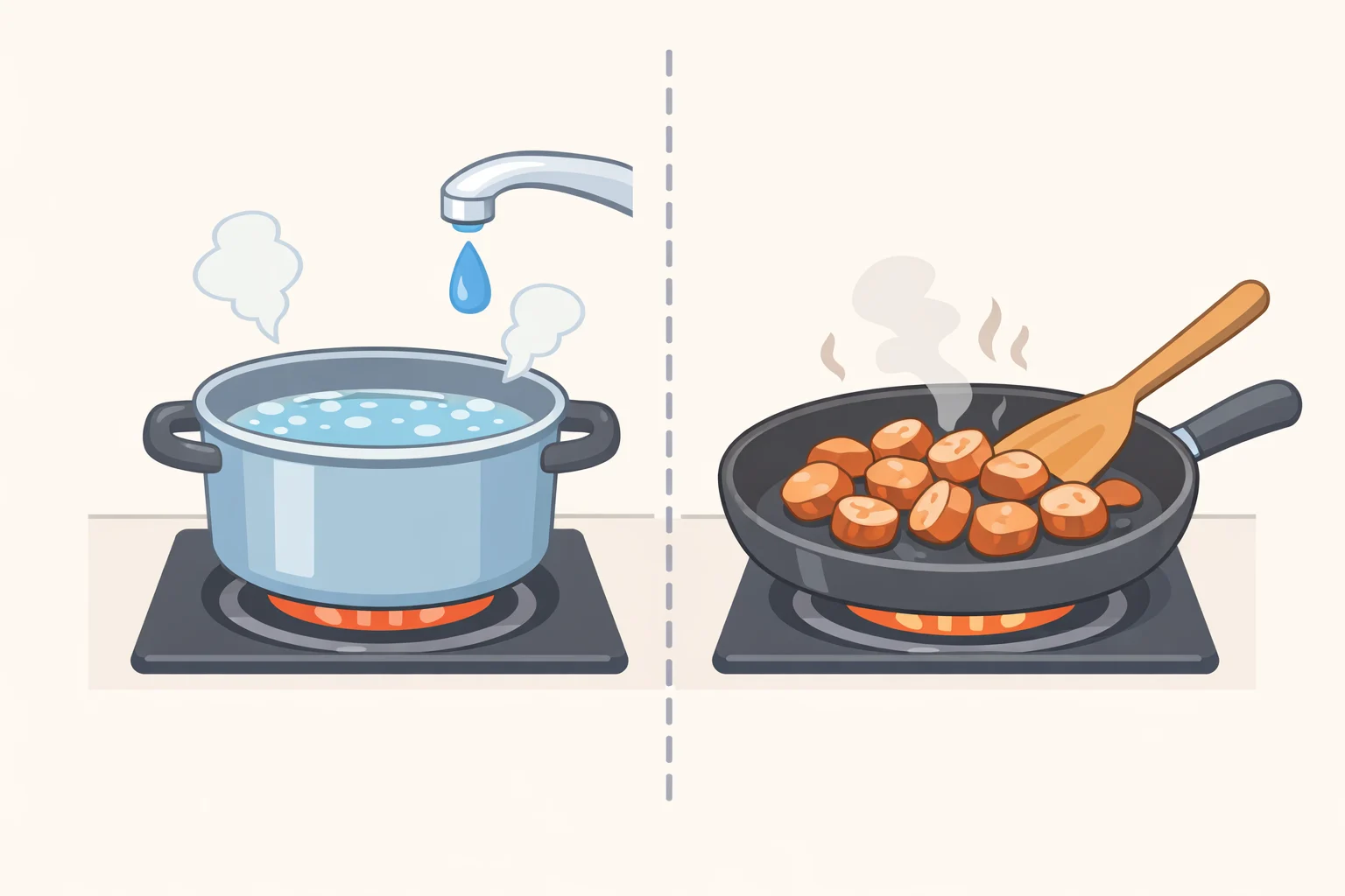 Illustration timeline showing Step 1 boiling pasta water in a pot while Step 2 browning Italian sausage in a wide skillet for a one-pan cheesy spinach sausage pasta method