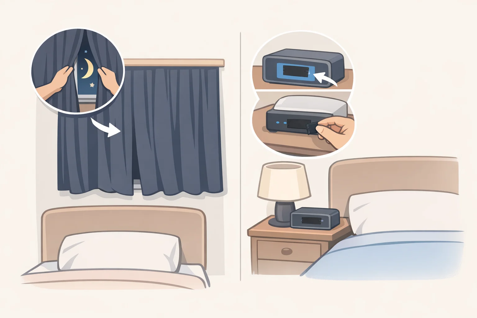 Illustration of a guest bedroom setup highlighting blackout curtain liners, LEDs covered on the TV/charger/router, and a bed area optimized for how to make a guest bedroom feel like a hotel