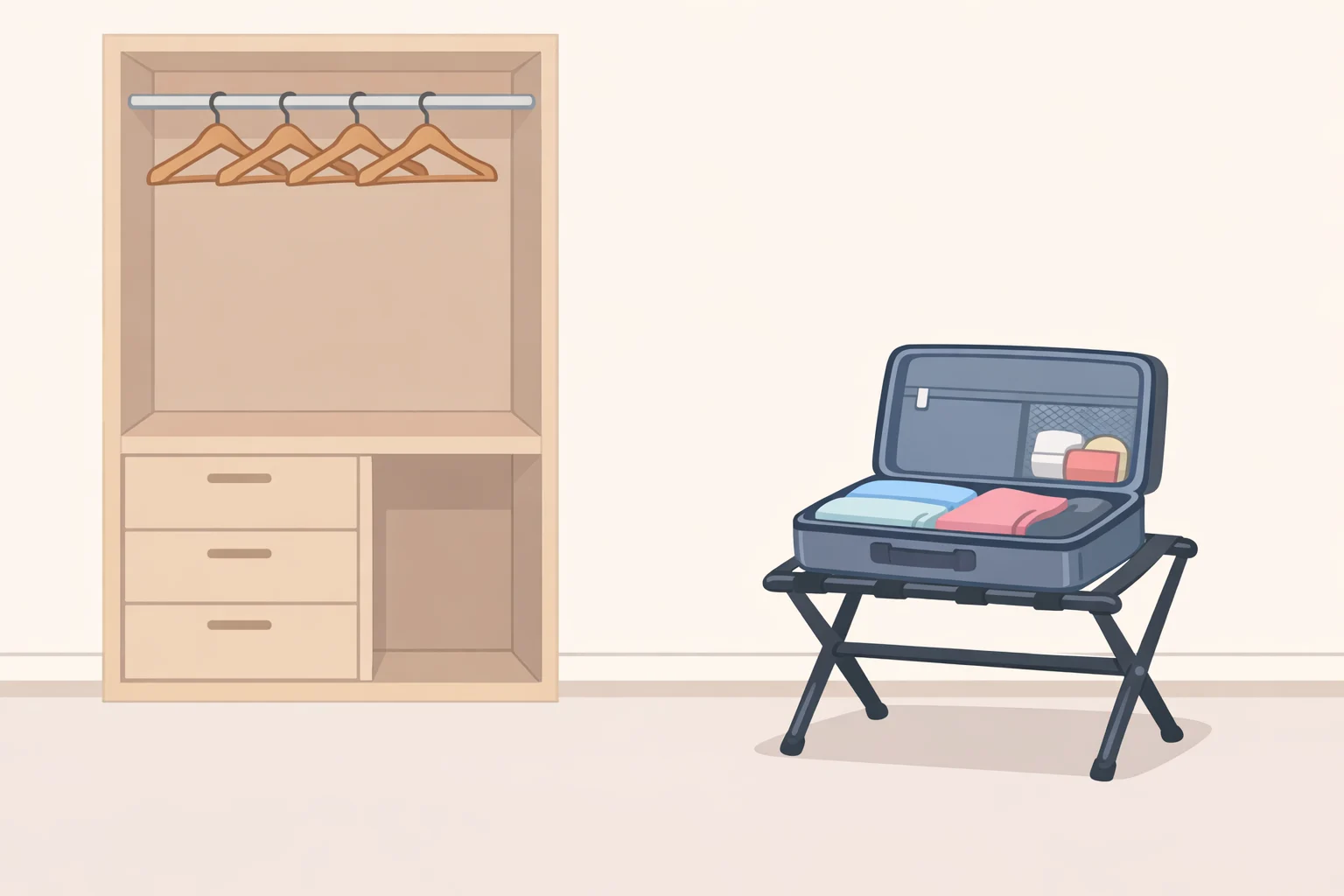 Illustration of a guest bedroom with a folding luggage rack at suitcase height, an empty drawer for guest items, and several empty hangers on an accessible rail