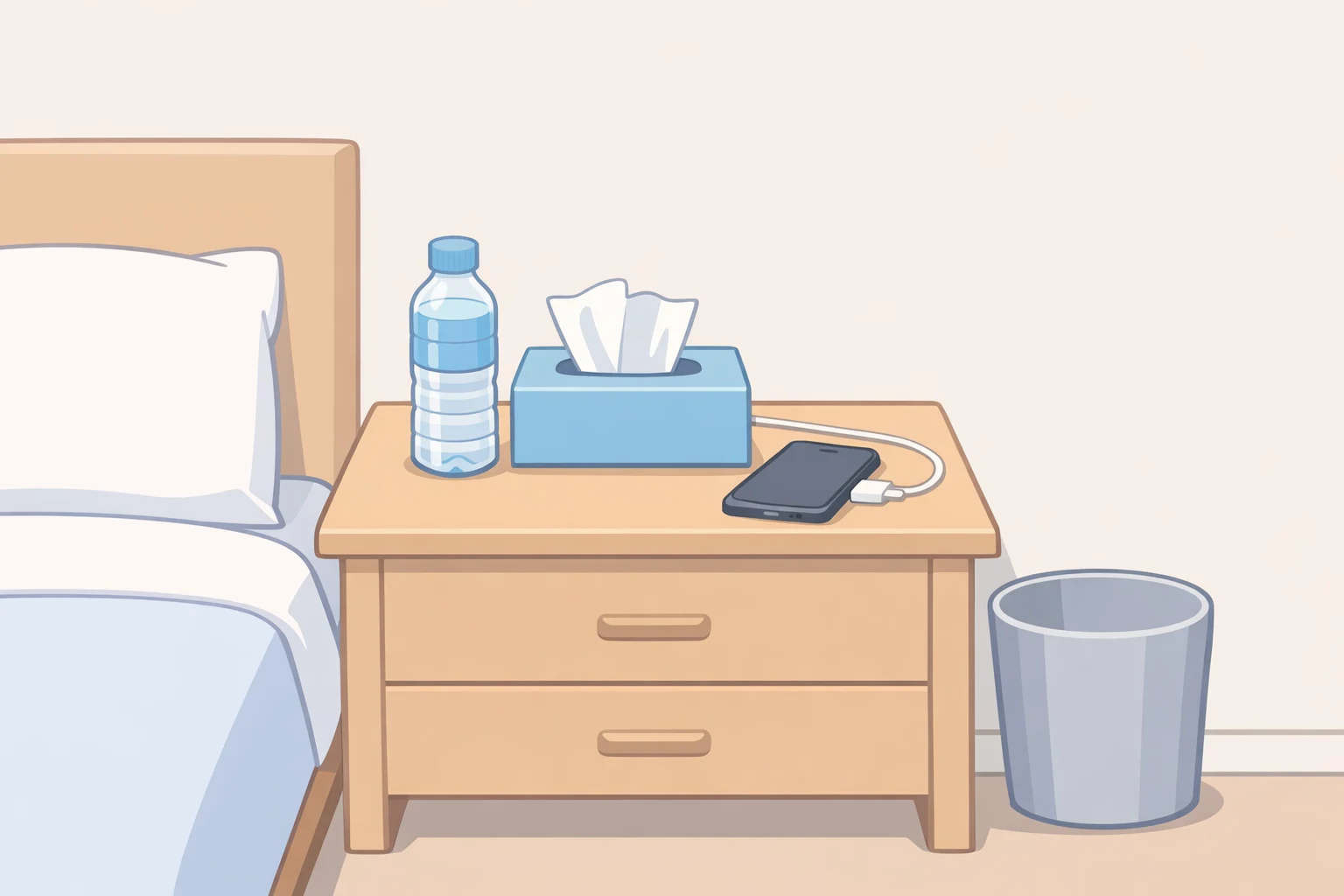 Illustration of a bedside table showing an easily reachable lamp switch, a plugged-in phone charger by the bed, a fresh sealed water bottle, a tissue box, and a small waste basket