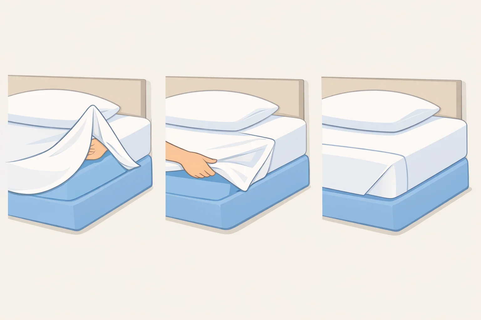 Illustration of hospital corners being made on a guest bed, with the sheet tucked under and folded diagonally for a hotel-like, professionally finished look
